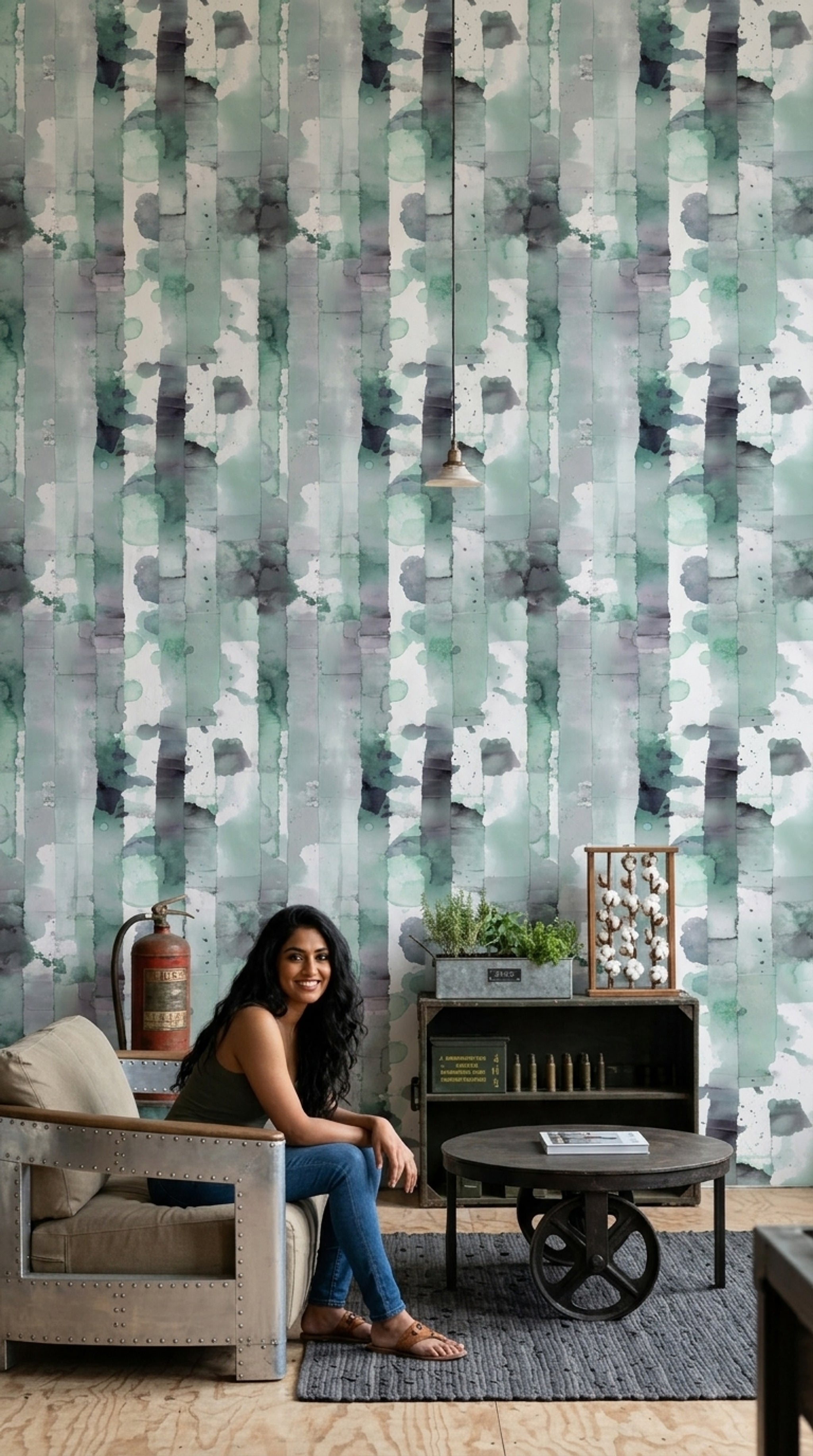 Watercolor Abstract Wallpaper Green Vertical Stripes Wall Mural