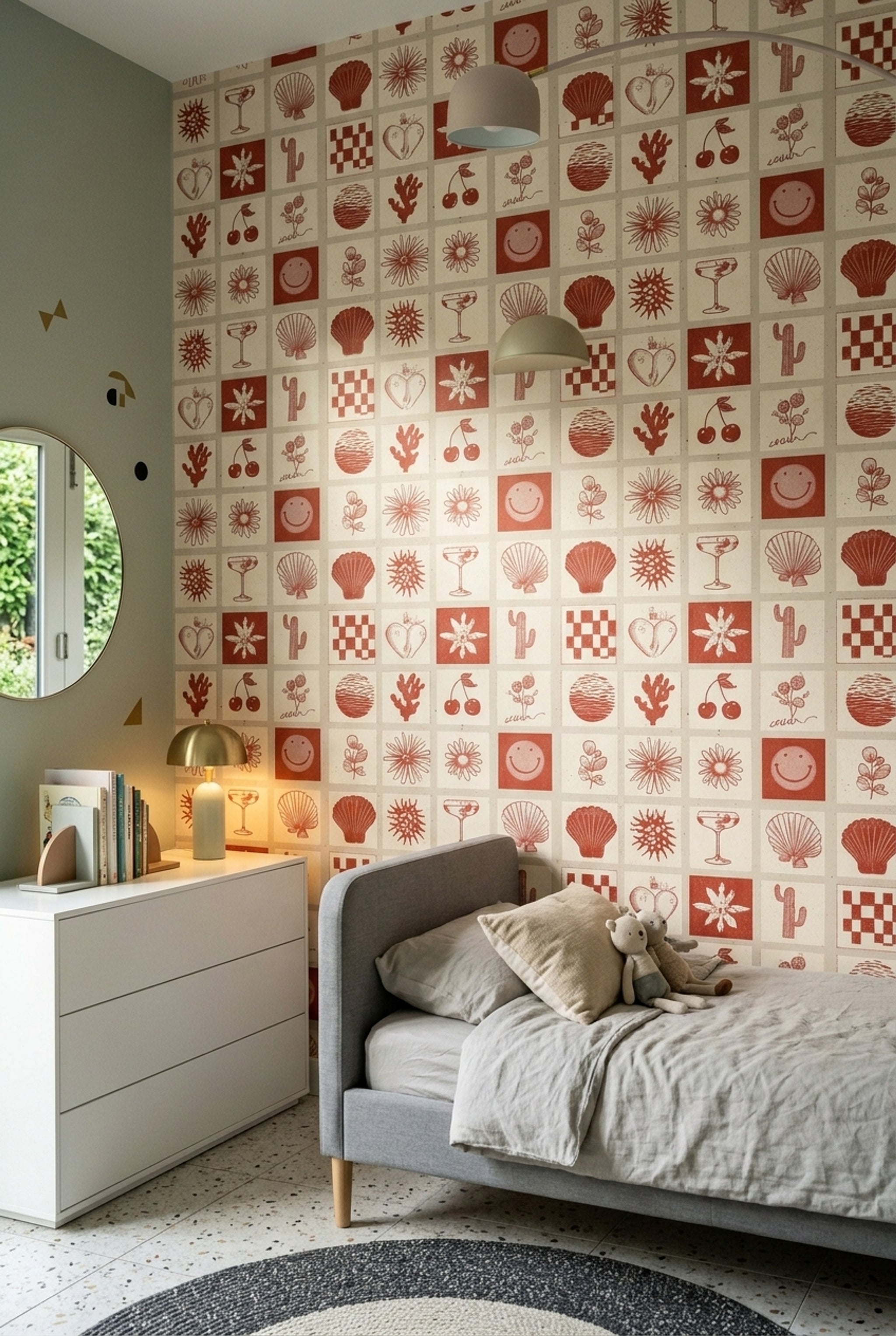 Tile Grid Wallpaper Screenprint Botanical Icons Removable Wall Decor