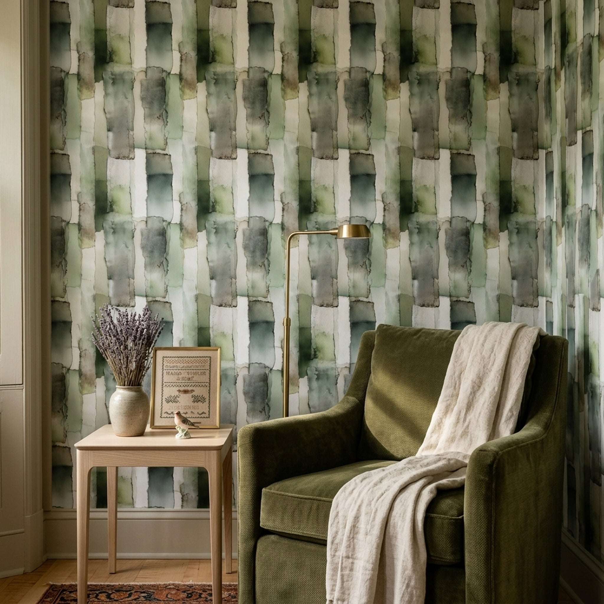 Abstract Watercolor Wallpaper Sage Green Removable Layered Rectangles Wall Double Roll