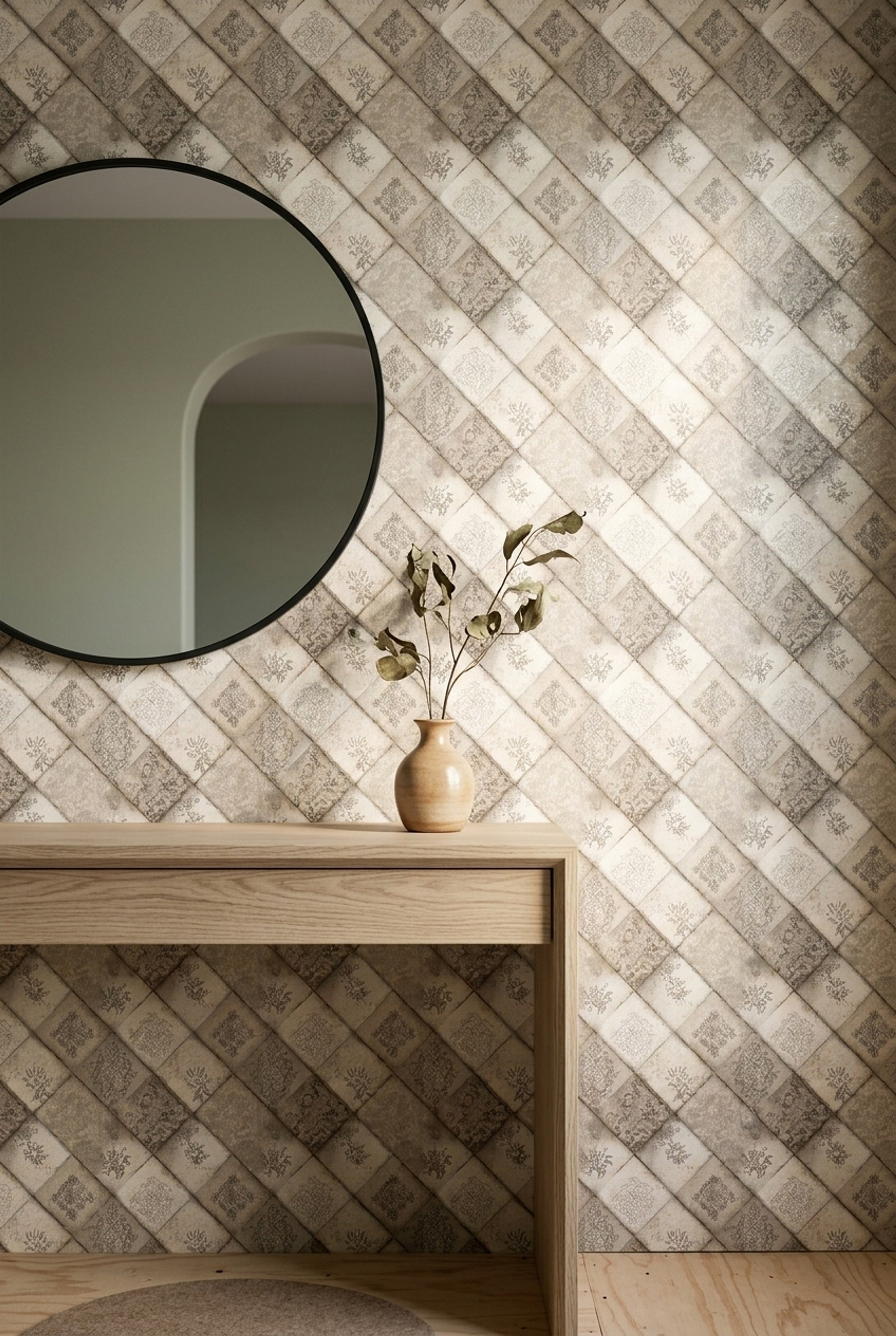 Vintage Tile Wallpaper Diagonal Checker Removable Distressed Wall Double Roll
