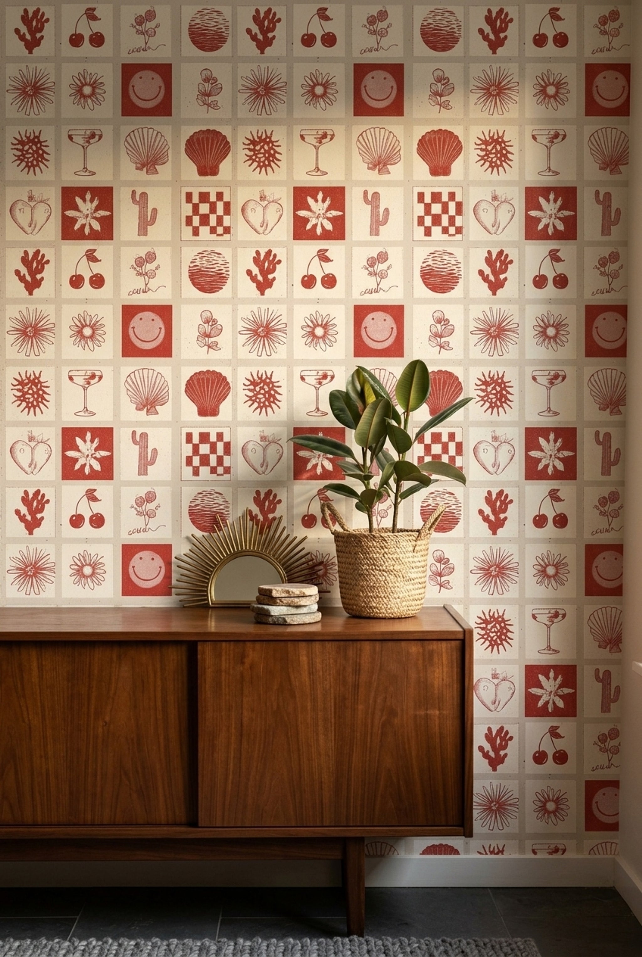 Tile Grid Wallpaper Screenprint Botanical Icons Removable Wall Decor