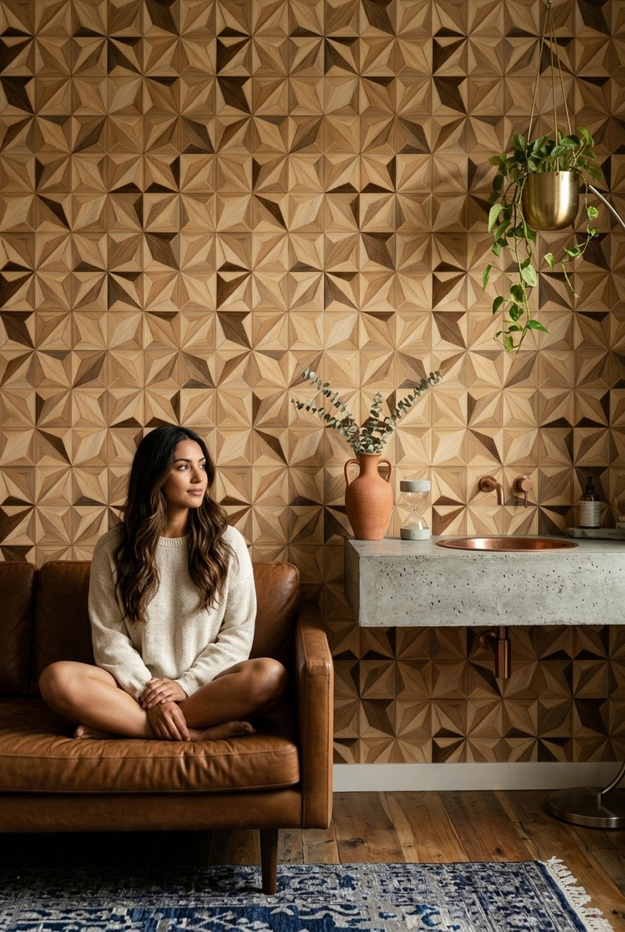 3D Faceted Wallpaper Wood Grain Starburst Decorative Mural