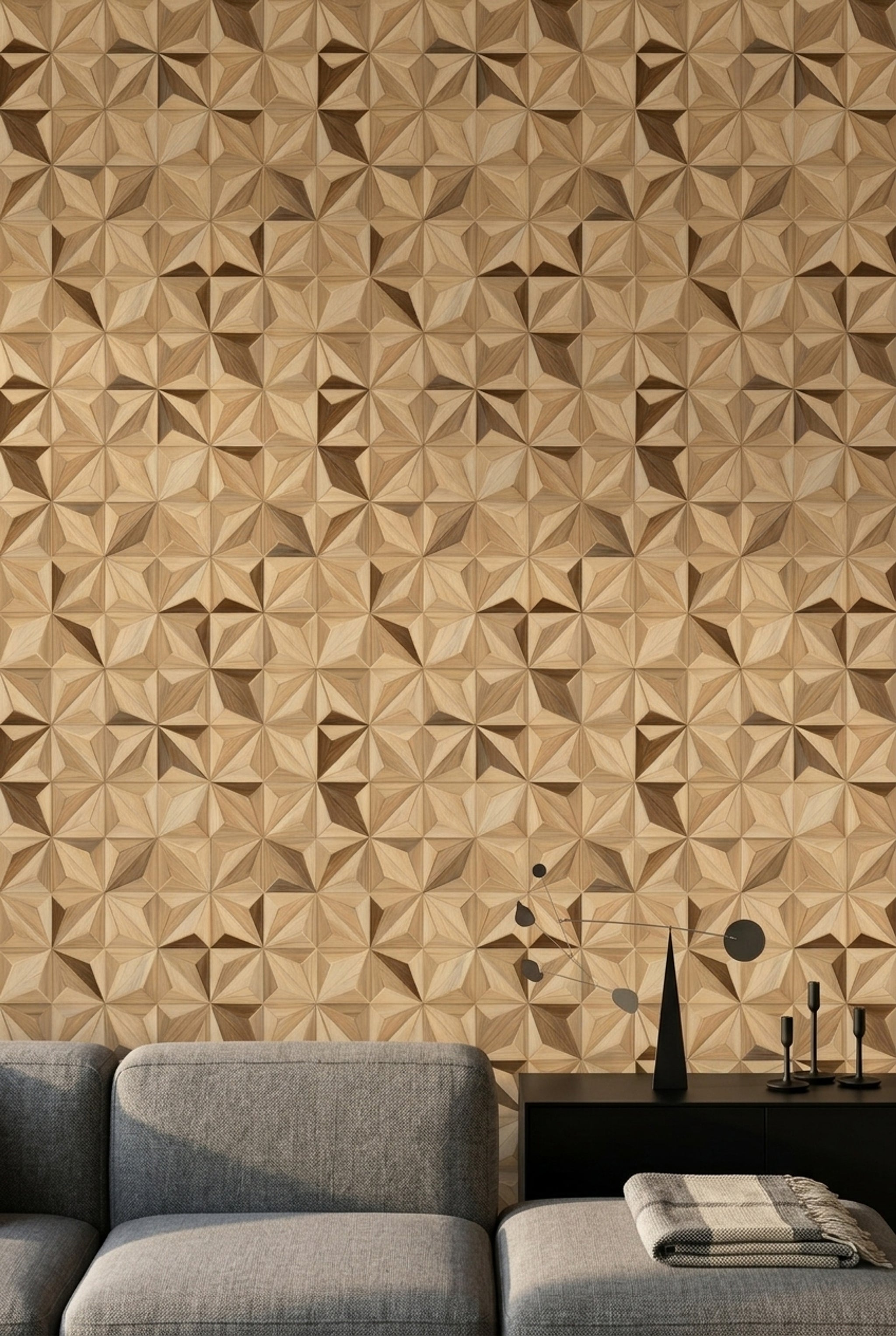 3D Faceted Wallpaper Wood Grain Starburst Decorative Mural