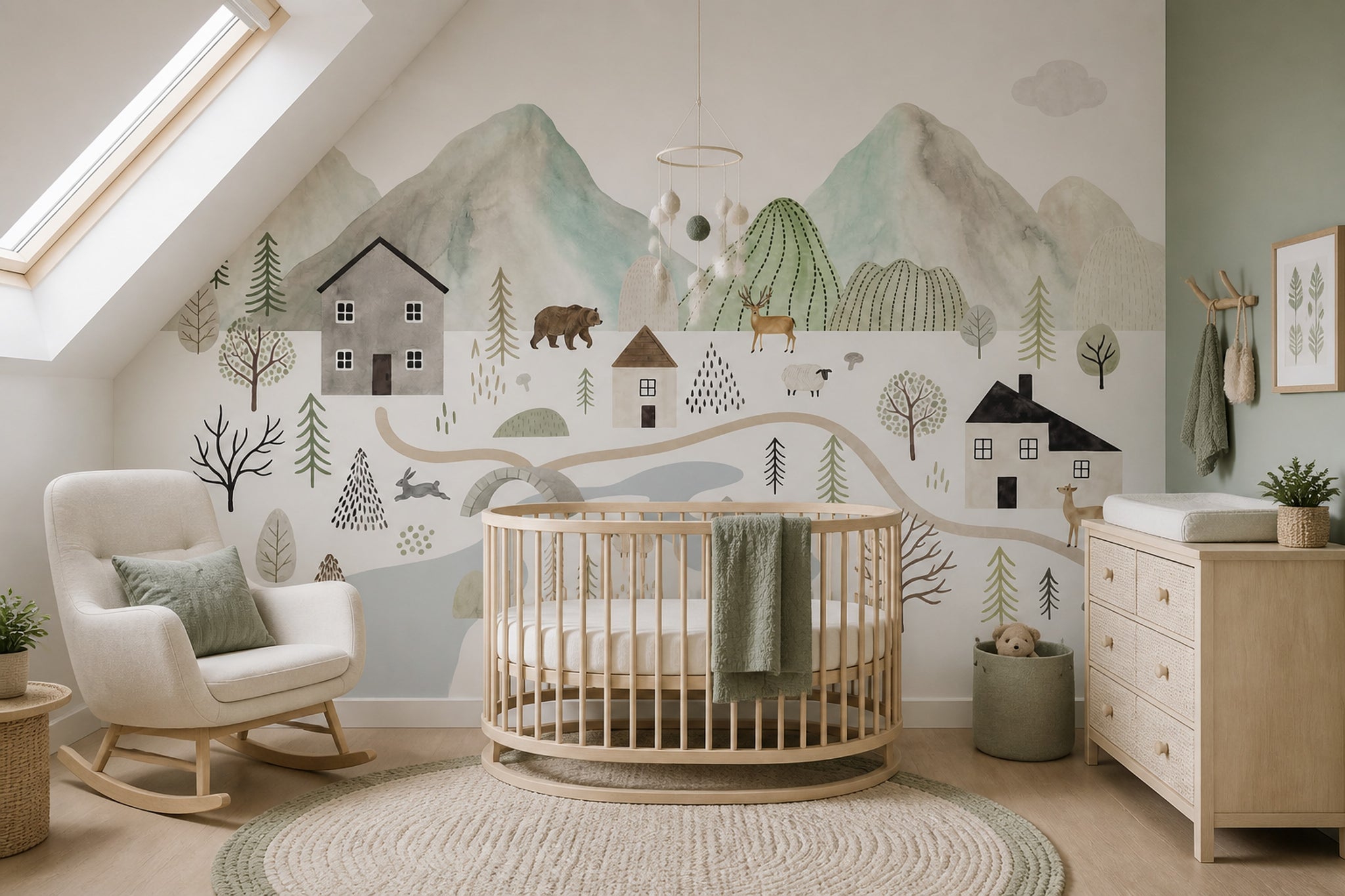 Watercolor Landscape Wallpaper Scandinavian Nursery Woodland Animals Wall Mural