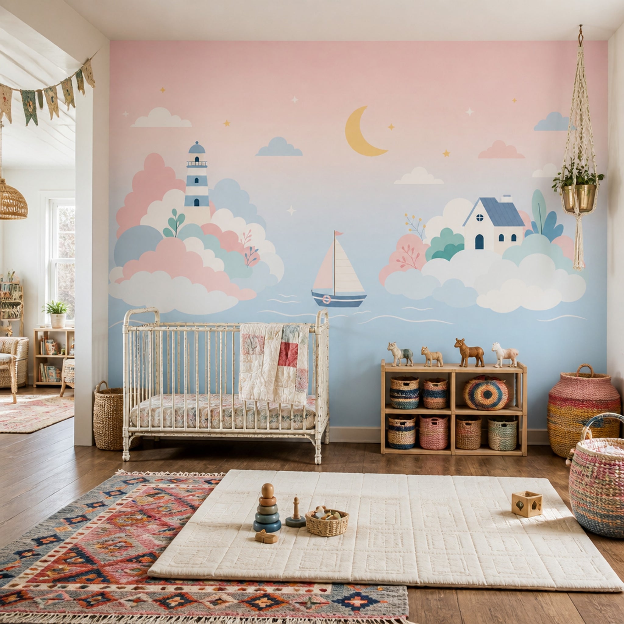 Pastel Coastal Landscape Wallpaper Lighthouse Nursery Wall Mural Removable Wall Decor