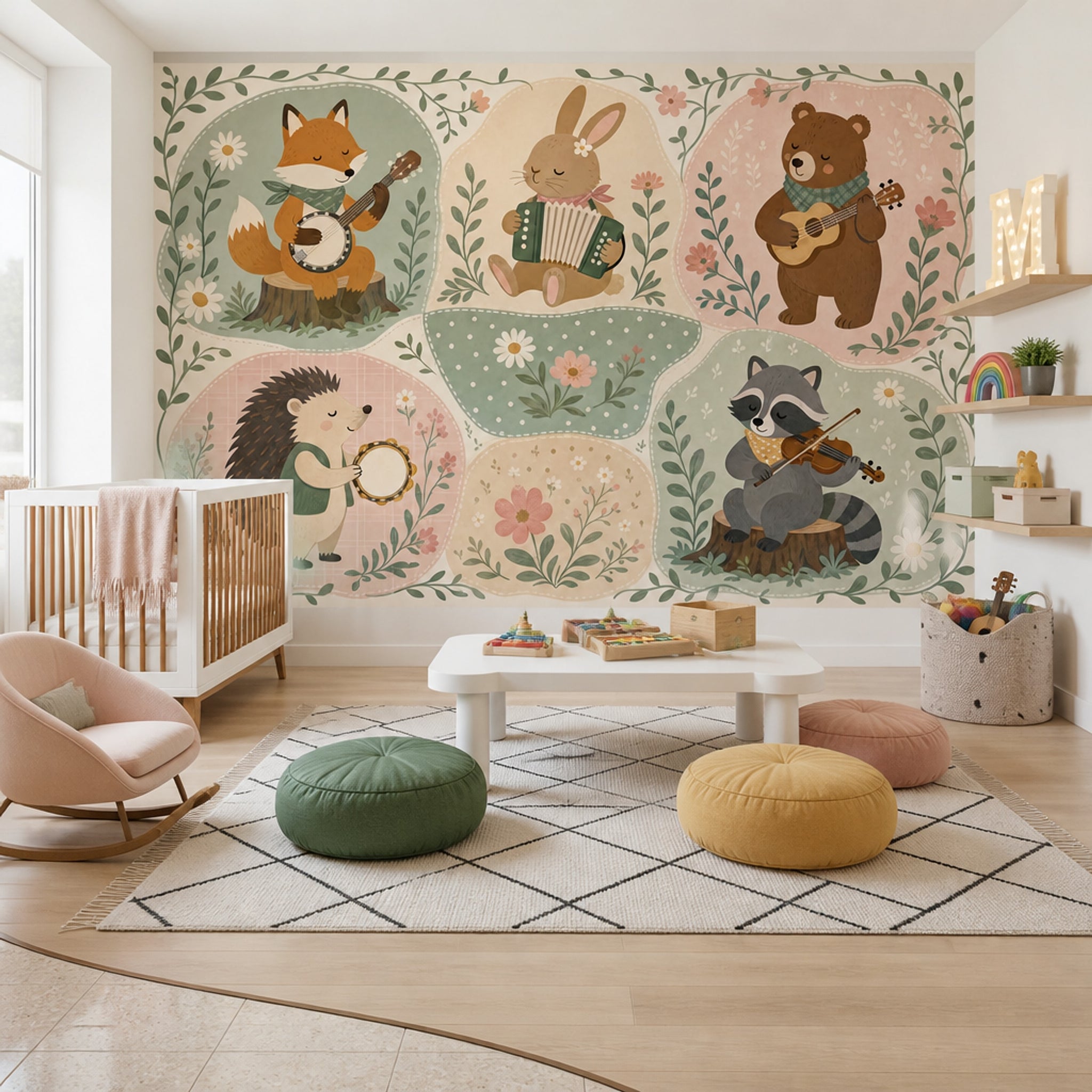 Woodland Animals Wallpaper Musical Instruments Removable Pastel Green Wall Decor