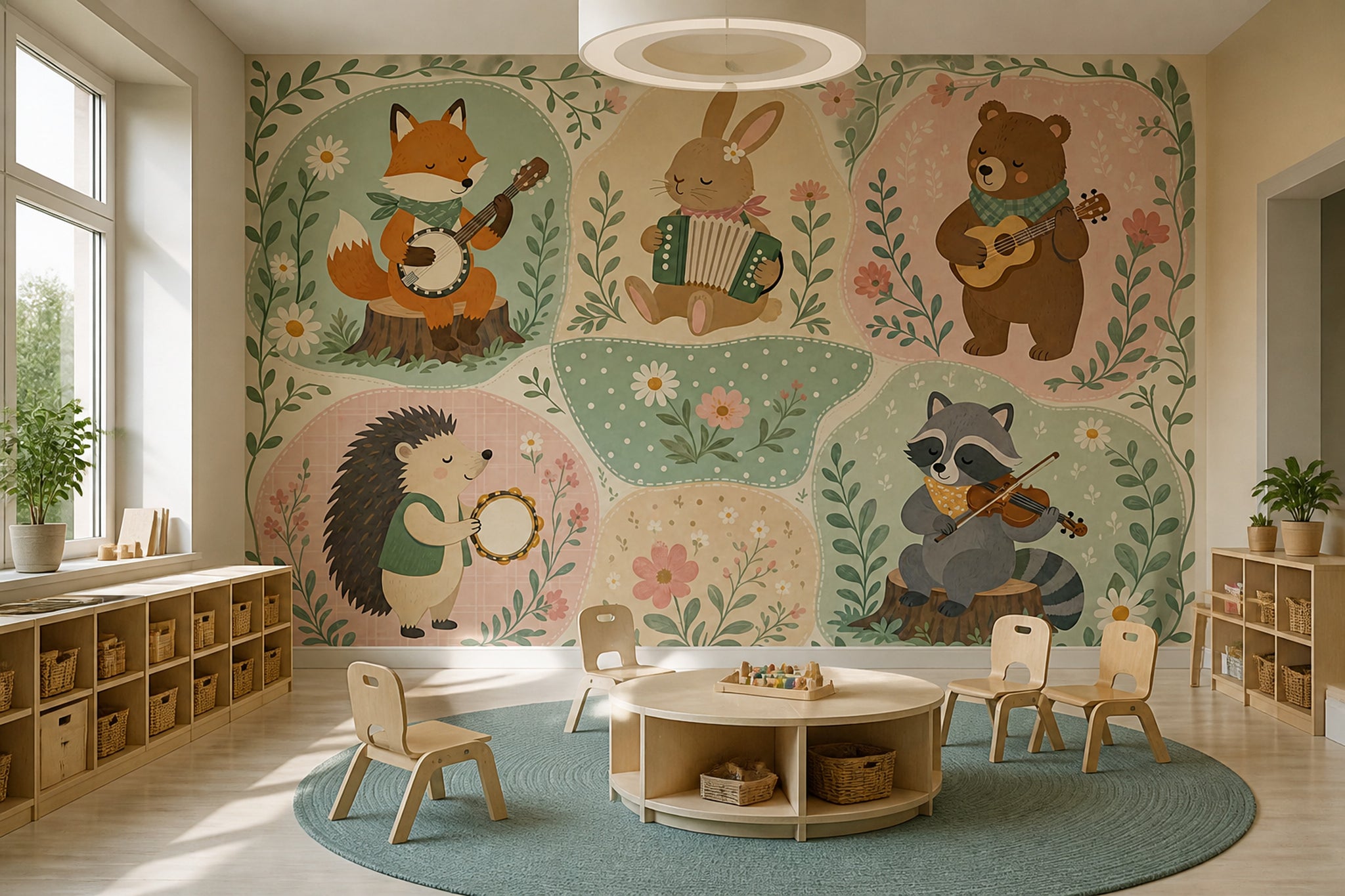 Woodland Animals Wallpaper Musical Instruments Removable Pastel Green Wall Decor