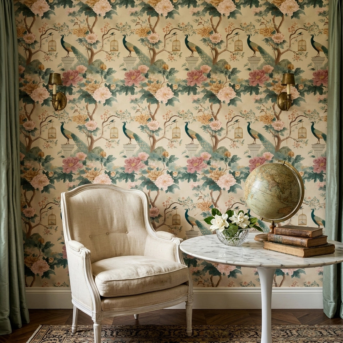 Chinoiserie Wallpaper Peonies Peacock Removable Wall Decor