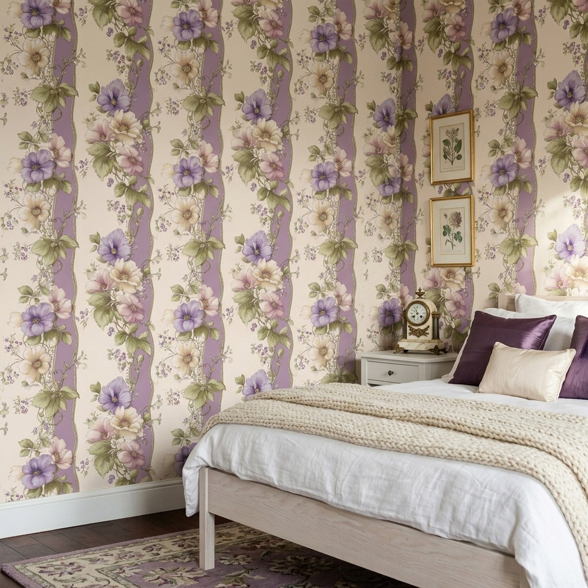 Floral Wallpaper Purple Striped Background Removable Botanical Illustration Wall Double Roll
