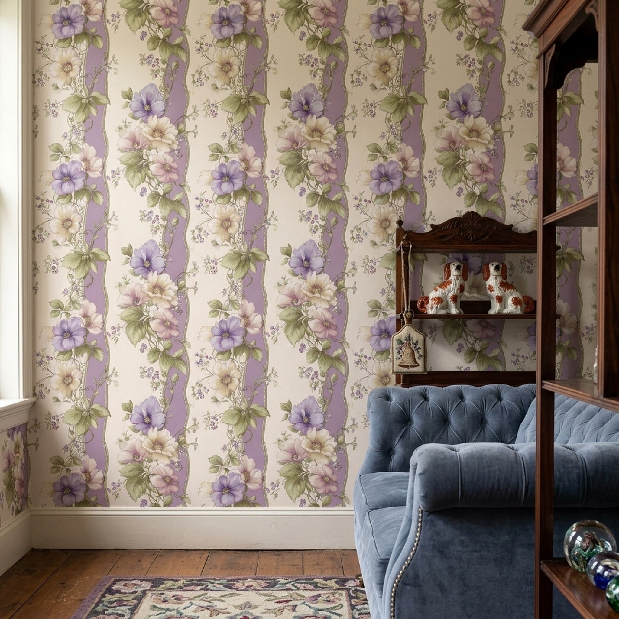 Floral Wallpaper Purple Striped Background Removable Botanical Illustration Wall Double Roll