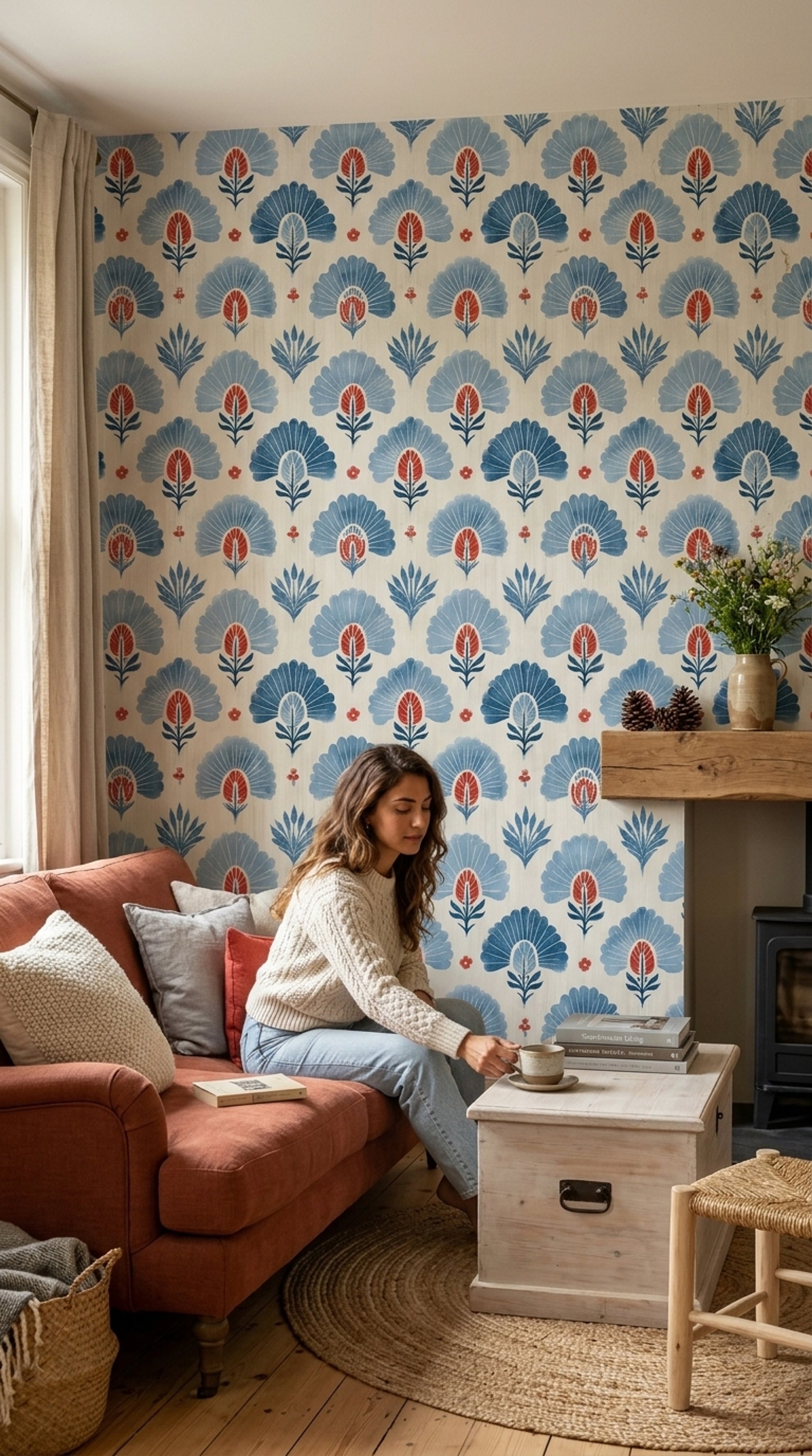 Folk Art Wallpaper Block Print Floral Decorative Mural