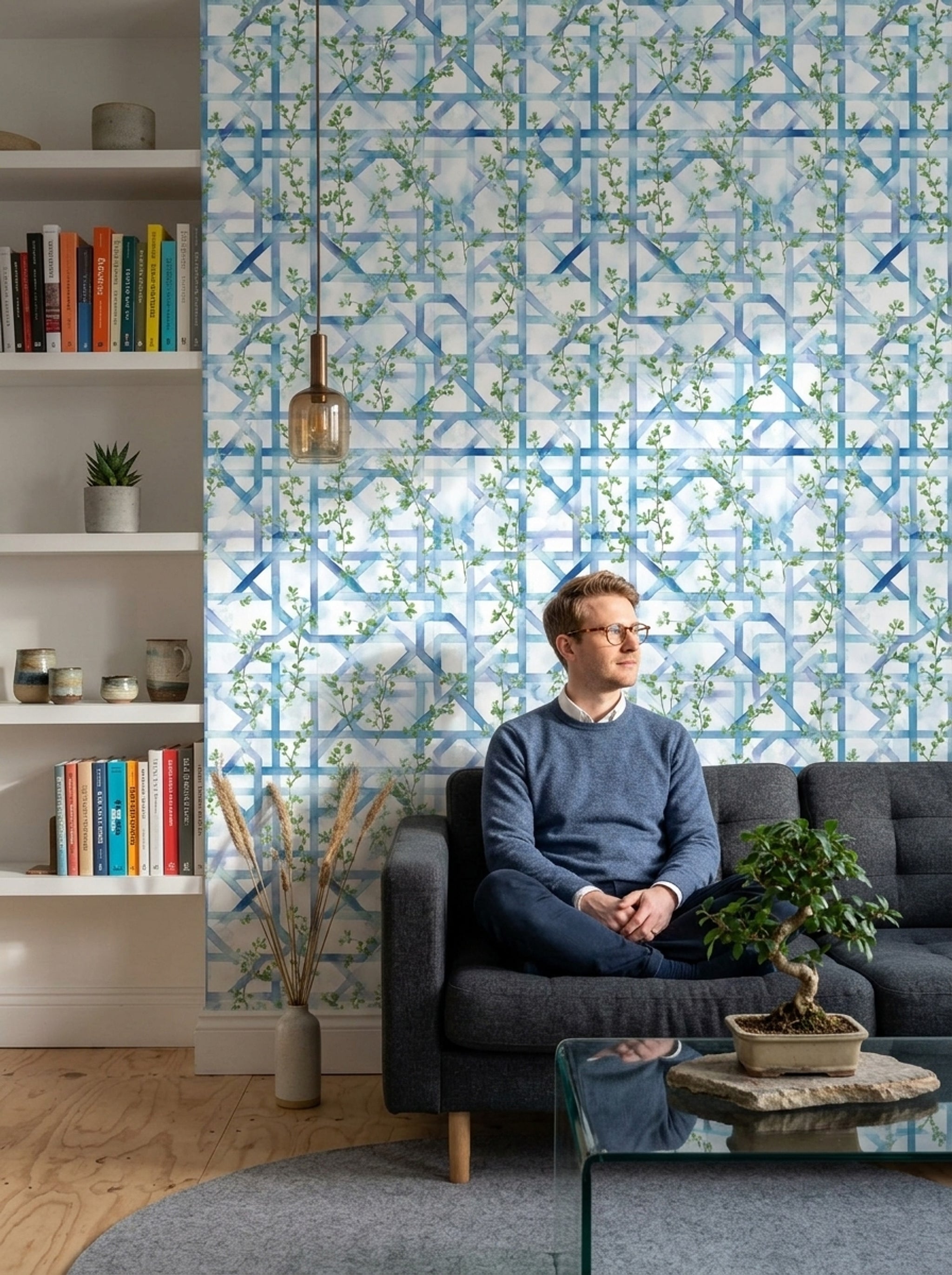 Blue Trellis Wallpaper Geometric Lattice Removable Green Vines Wall Double Roll