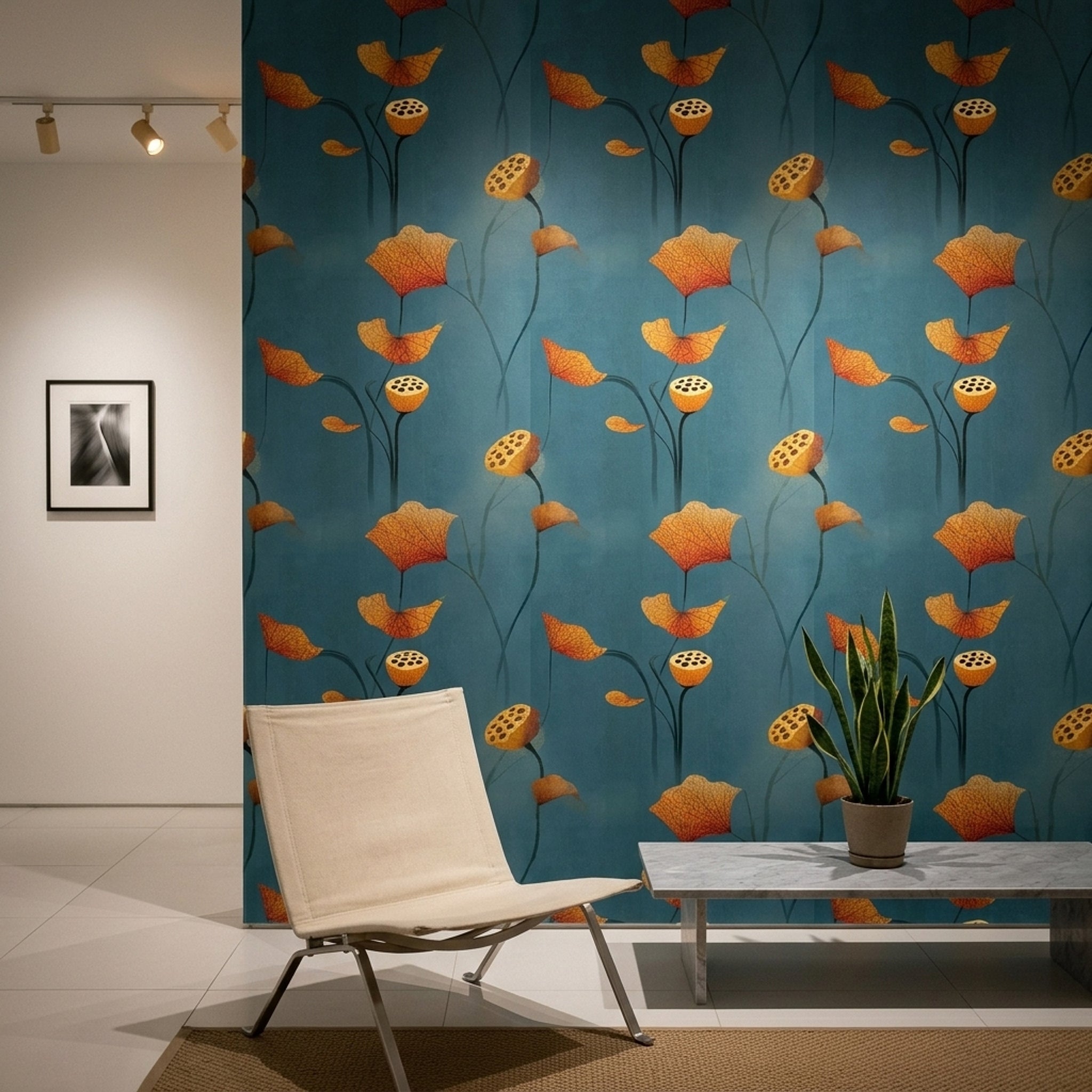 Dark Teal Background Wallpaper Lotus Leaves Lotus Seed Pod Removable Wall Decor