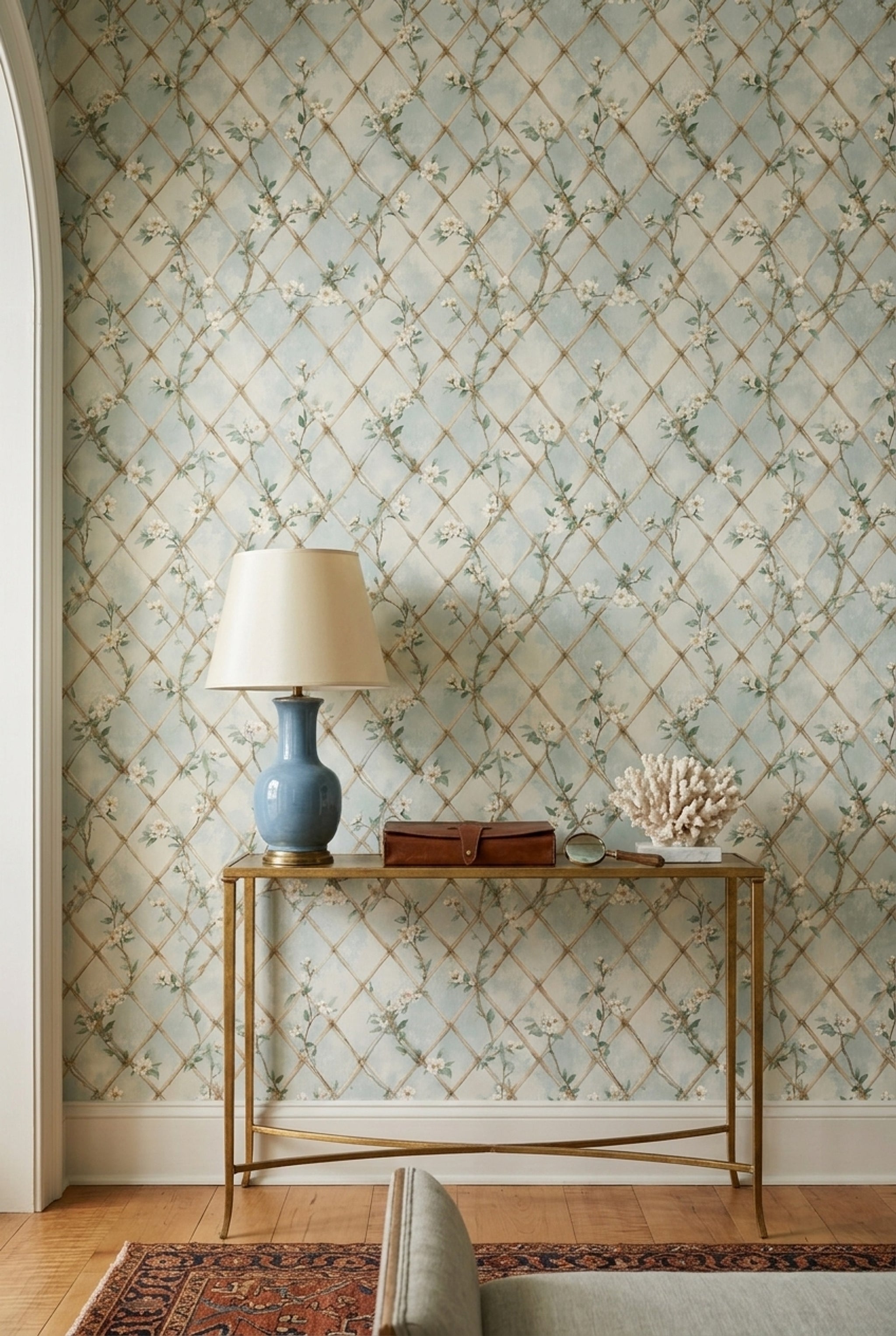 Trellis Lattice Wallpaper Bamboo Rattan White Blossoms Decorative Mural