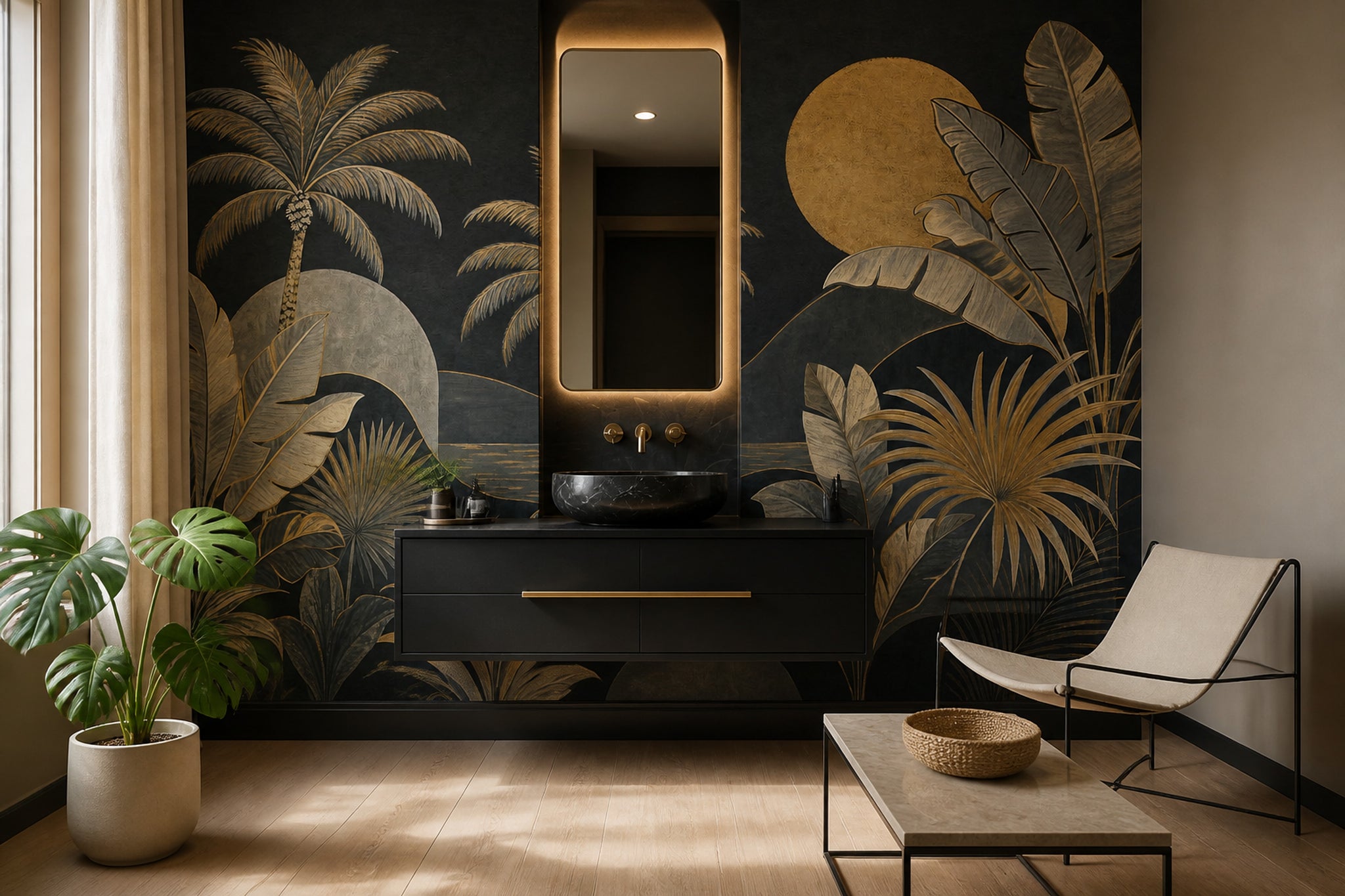 Dark Tropical Landscape Wallpaper Palm Trees Gold Sun Removable Wall Decor