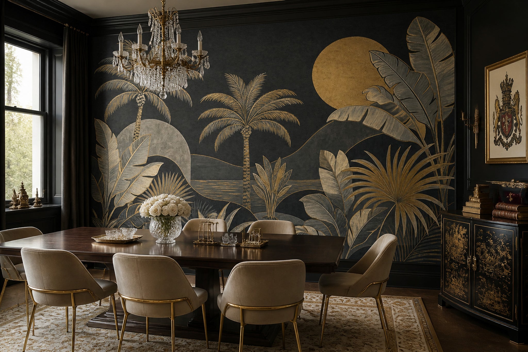 Dark Tropical Landscape Wallpaper Palm Trees Gold Sun Removable Wall Decor