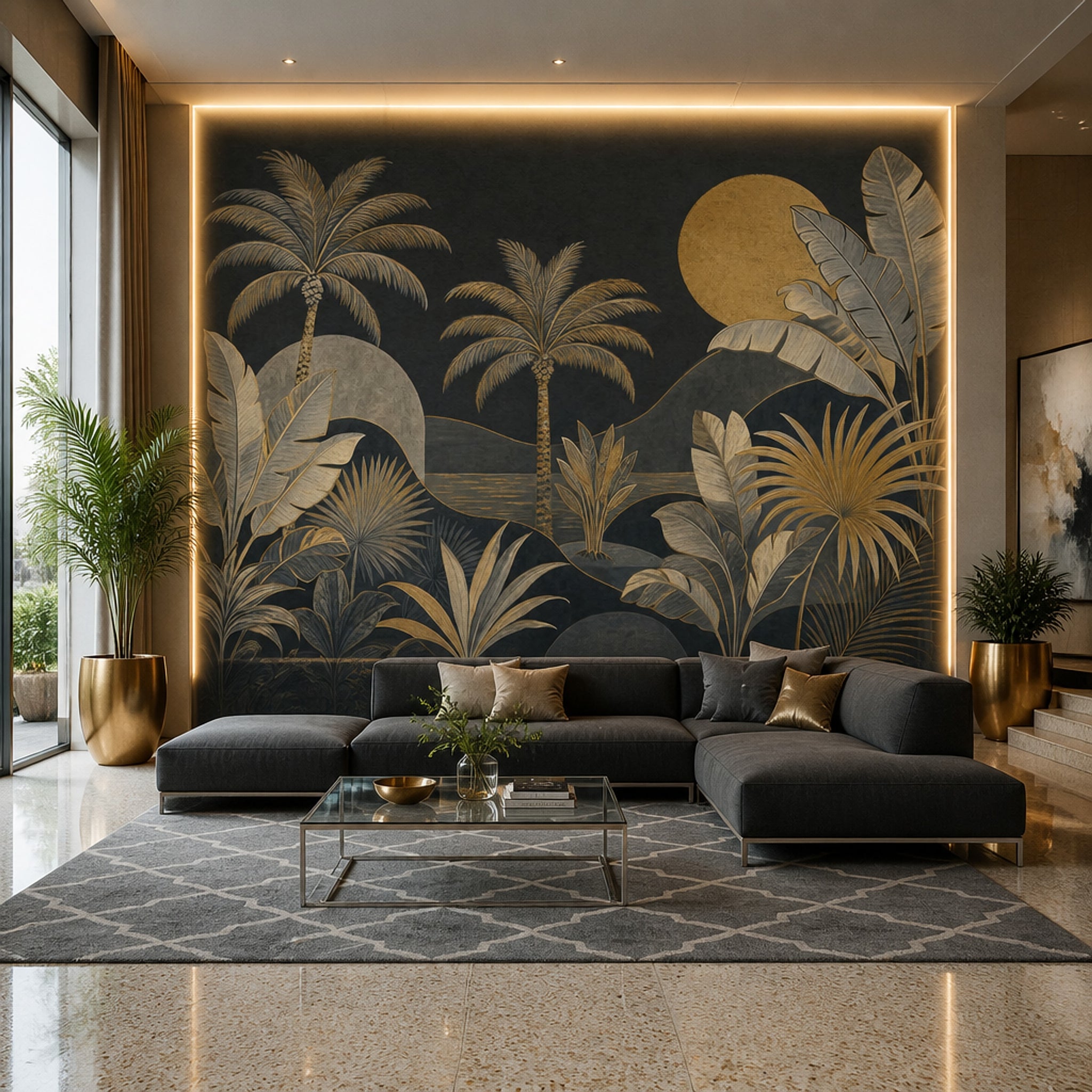 Dark Tropical Landscape Wallpaper Palm Trees Gold Sun Removable Wall Decor