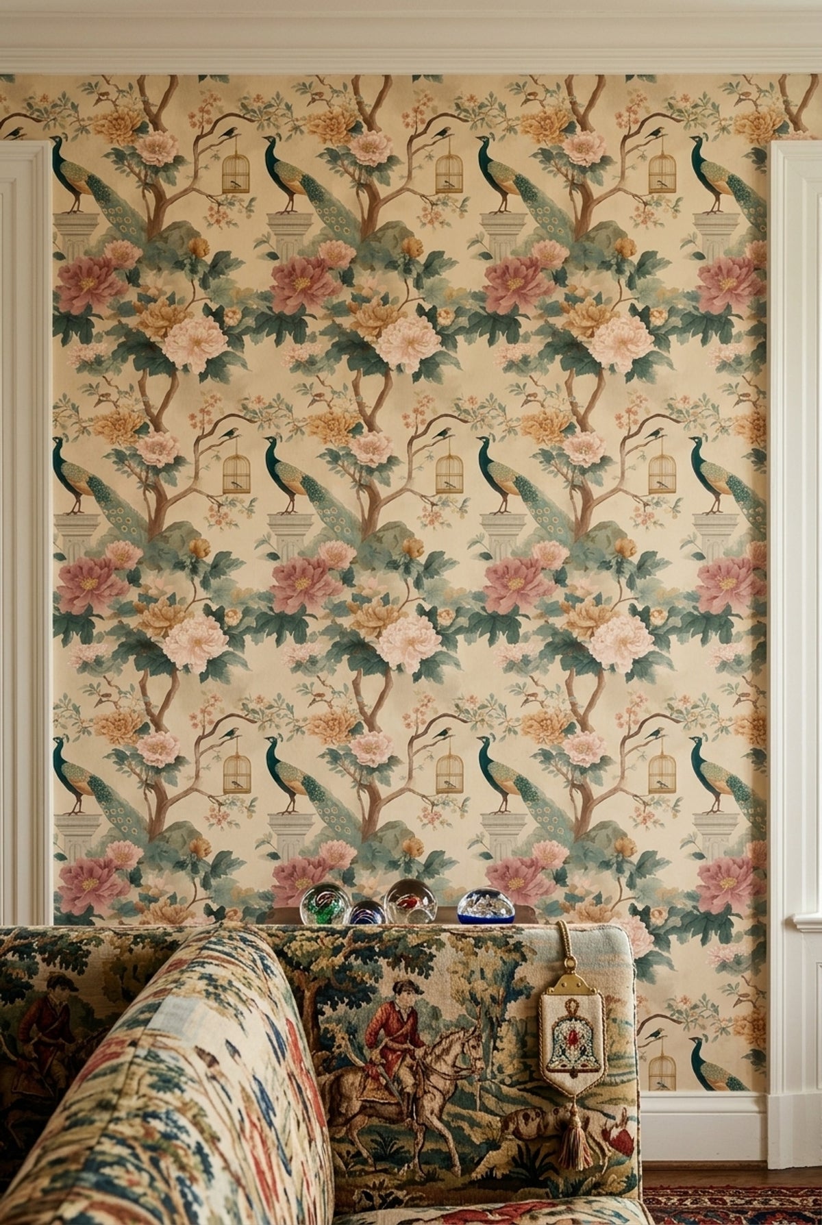 Chinoiserie Wallpaper Peonies Peacock Removable Wall Decor