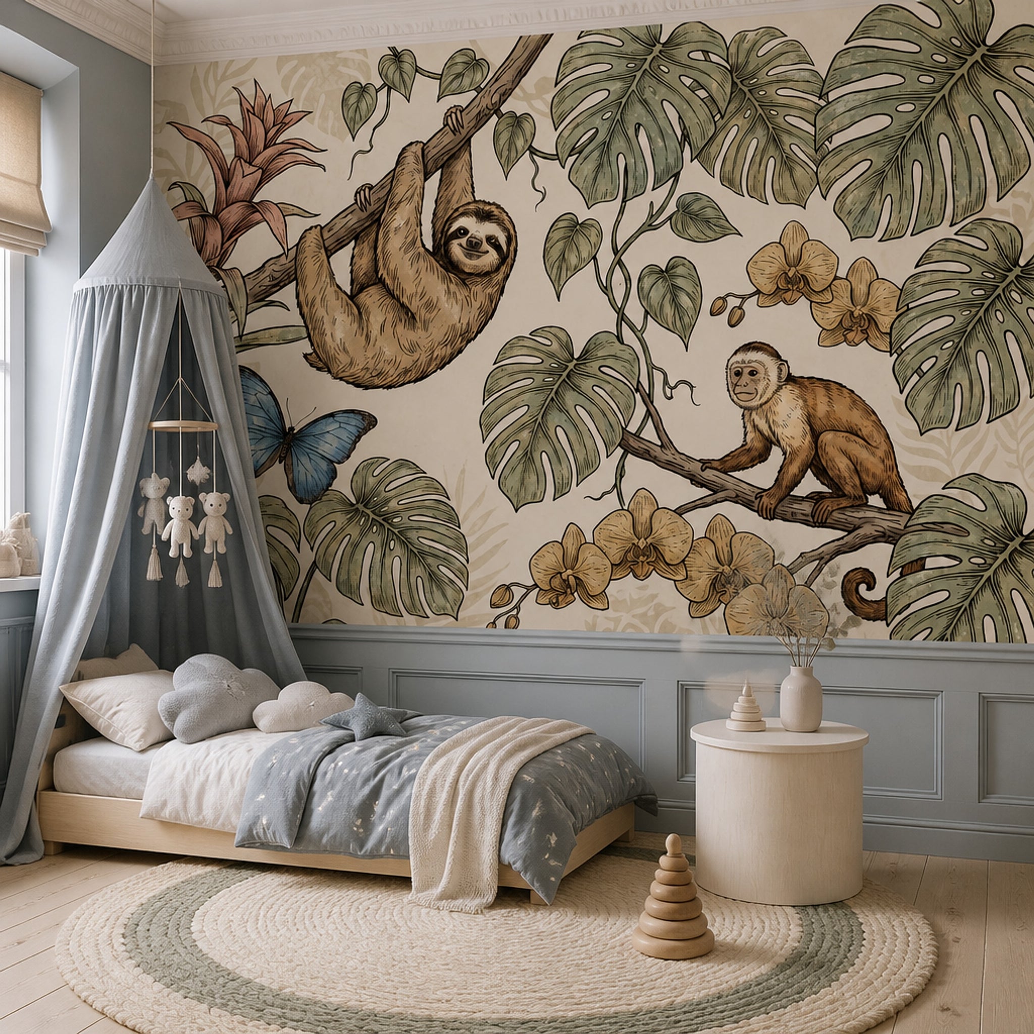 Tropical Jungle Wallpaper Monstera Leaves Removable Sloth Wall Decor