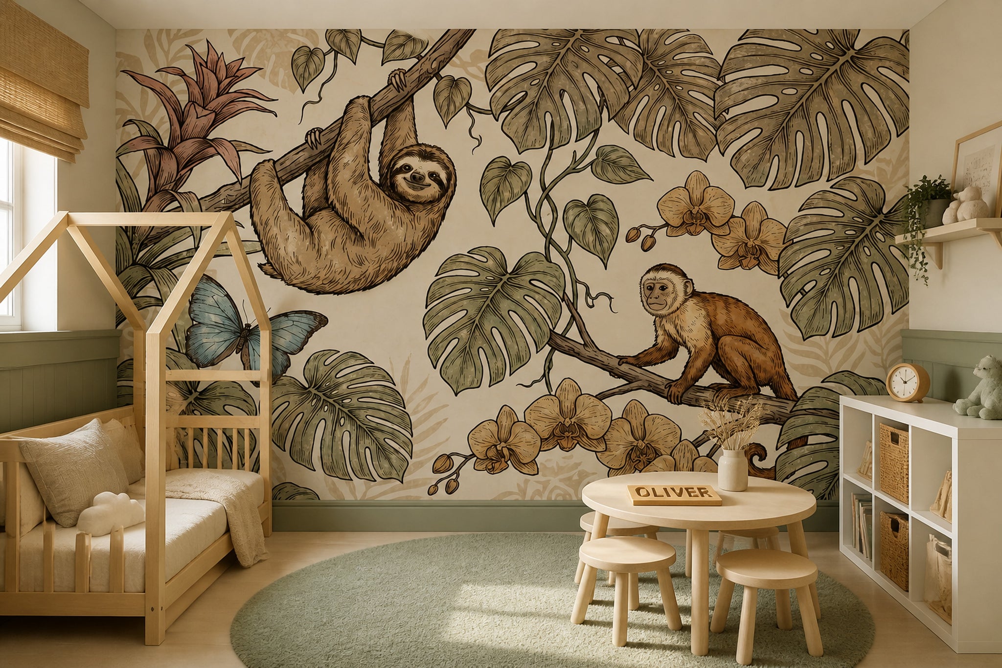 Tropical Jungle Wallpaper Monstera Leaves Removable Sloth Wall Decor