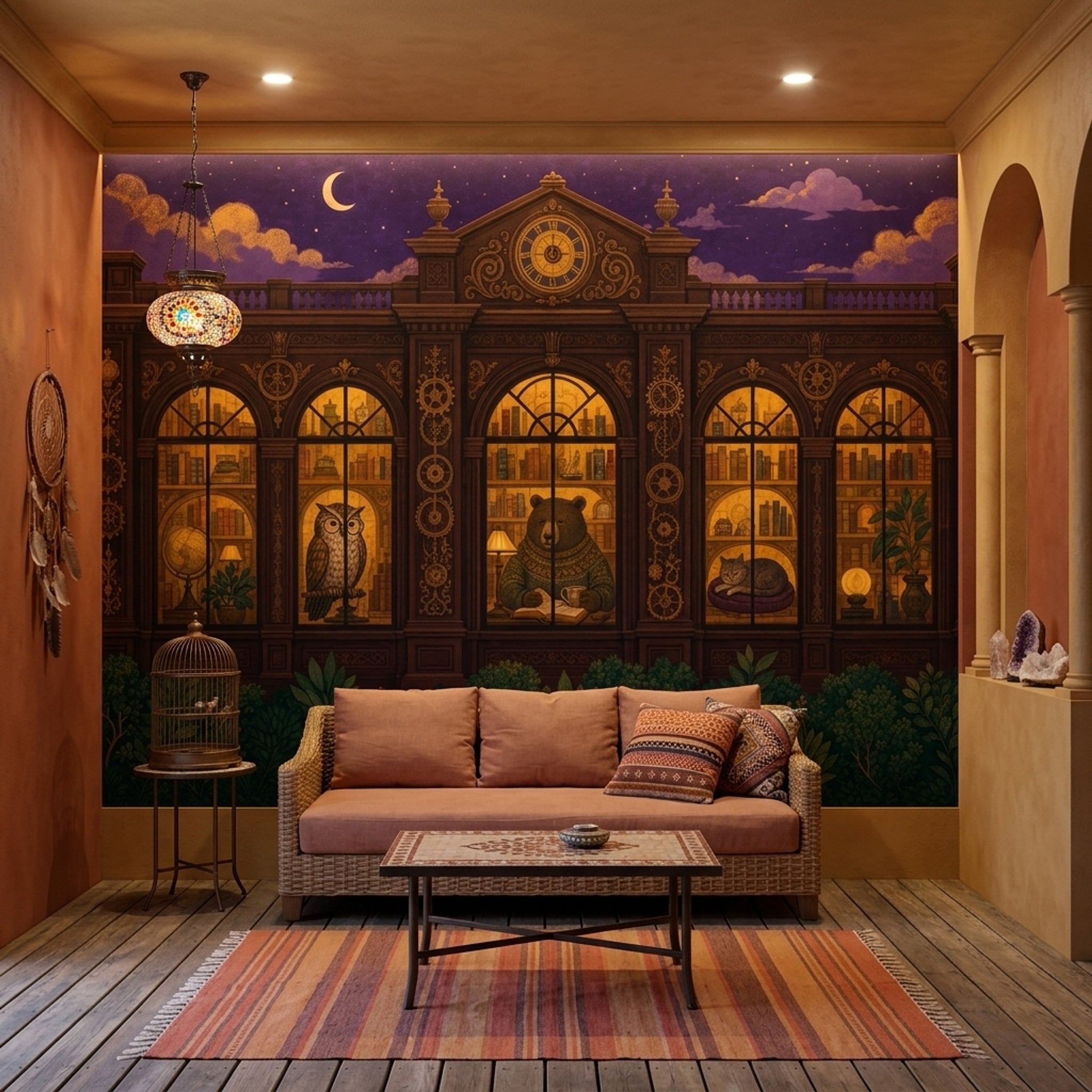 Night Library Wallpaper Vintage Illustration Arched Windows Wall Mural