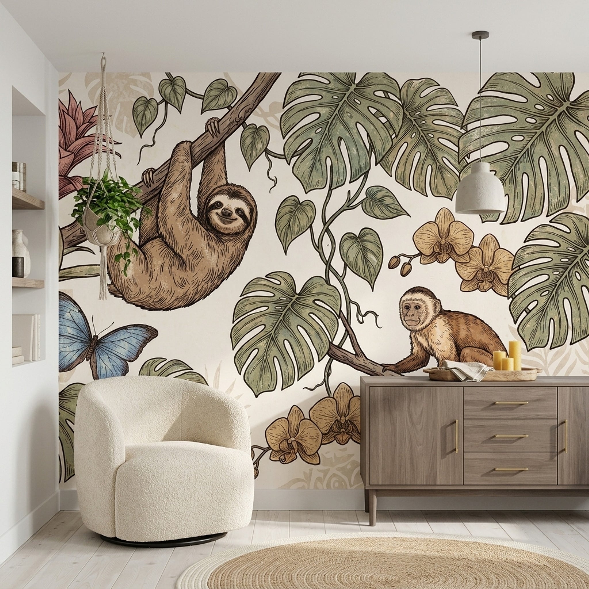 Tropical Jungle Wallpaper Monstera Leaves Removable Sloth Wall Decor