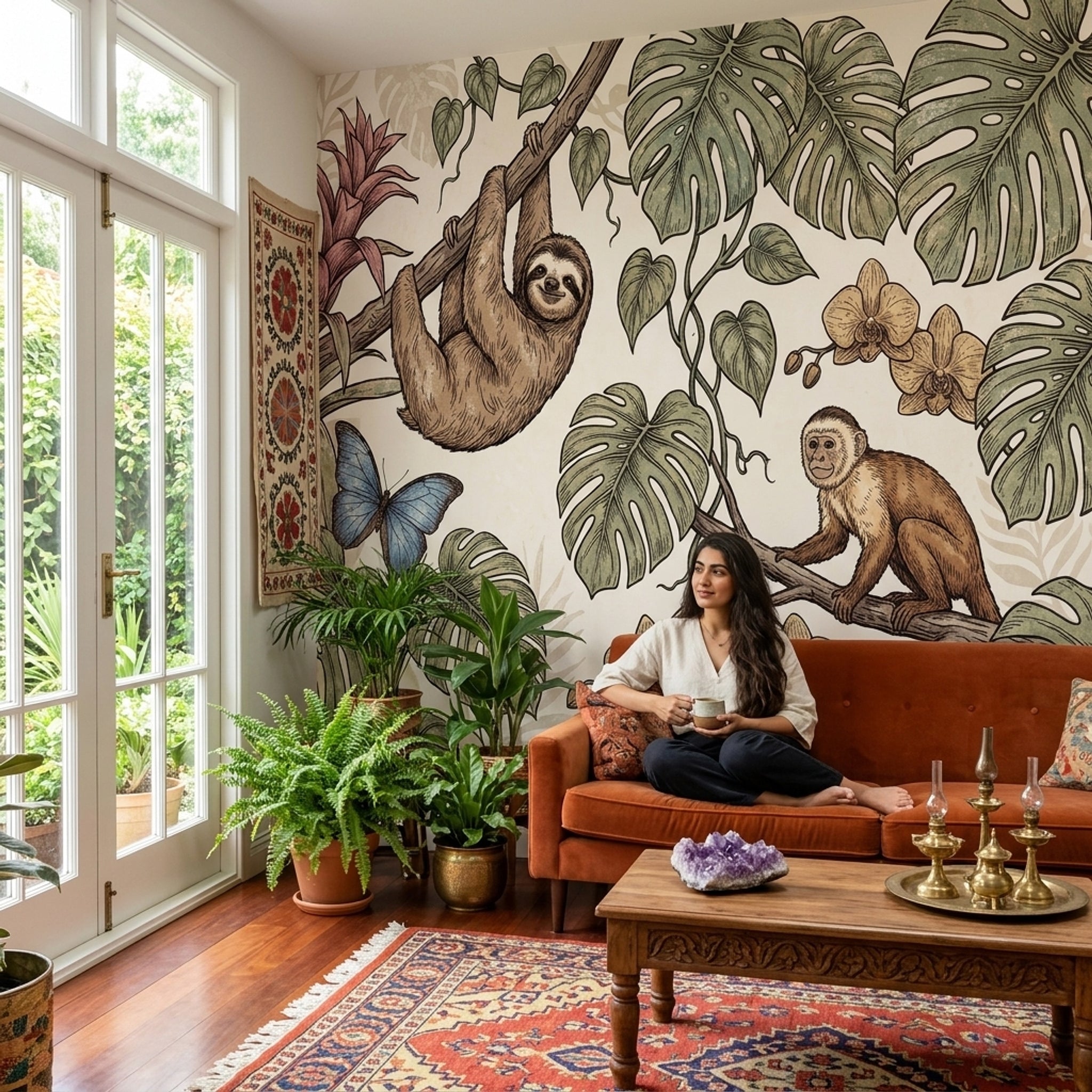 Tropical Jungle Wallpaper Monstera Leaves Removable Sloth Wall Decor