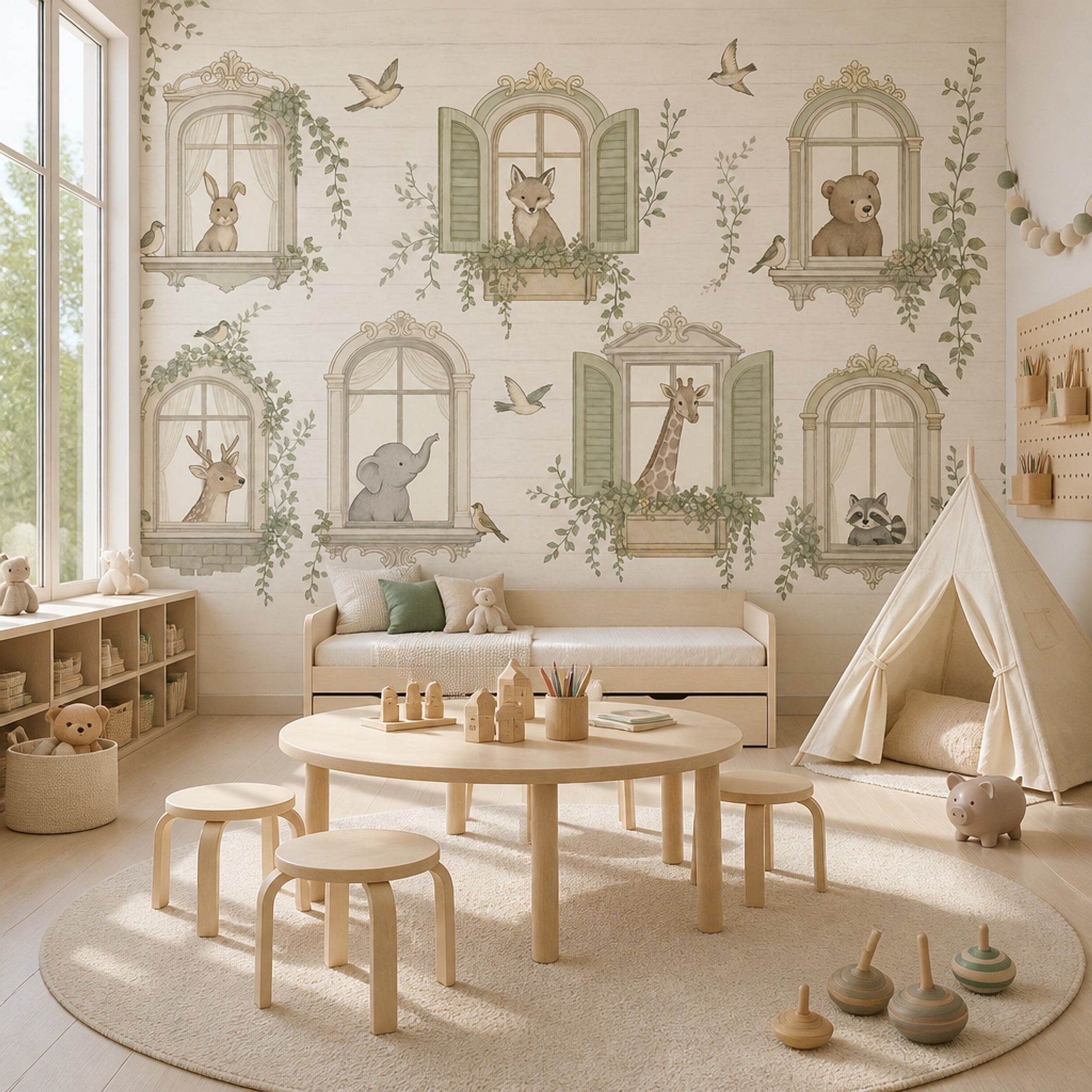 Storybook Wallpaper Ornate Windows Removable Woodland Animals Wall Decor