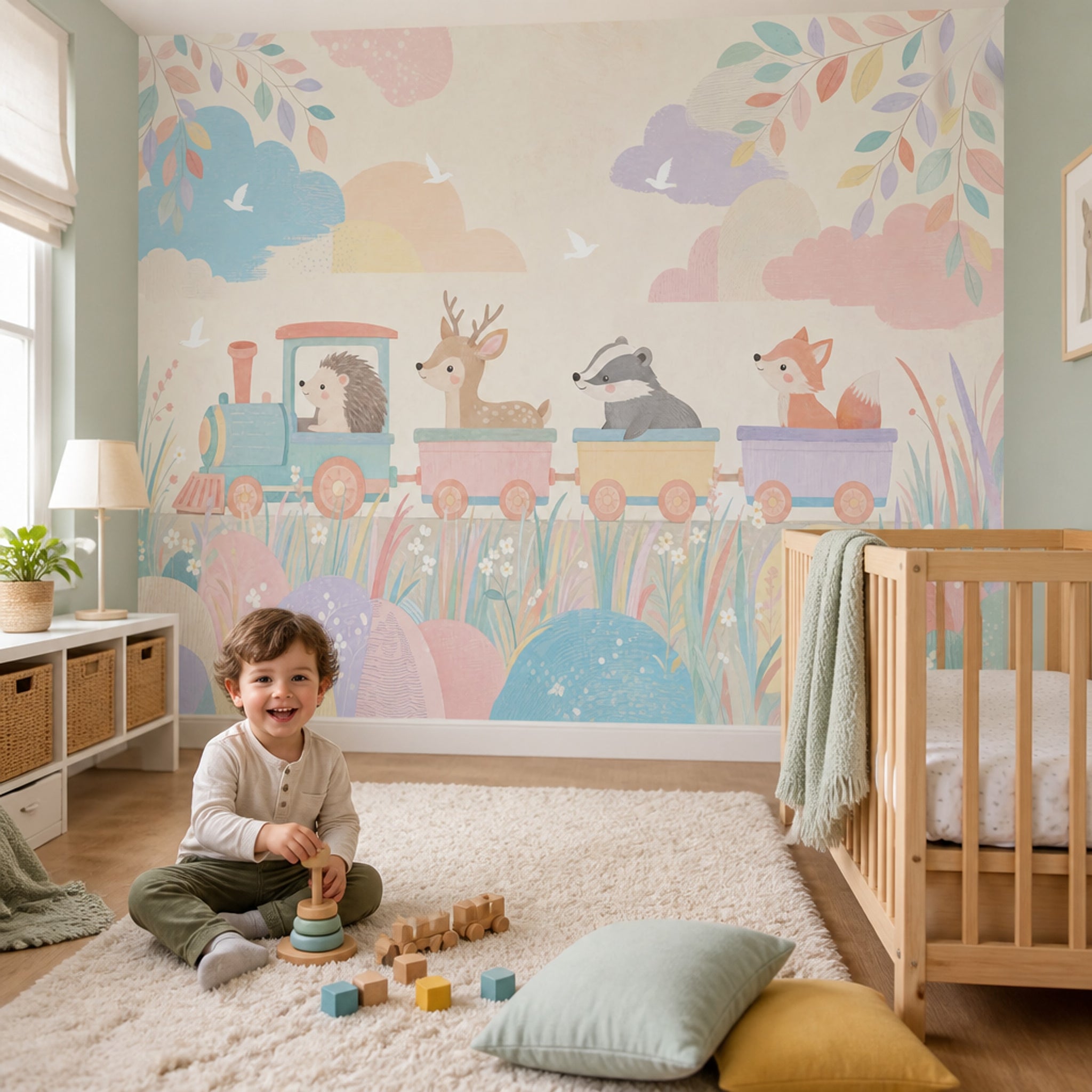 Woodland Animals Wallpaper Toy Train Nursery Removable Wall Decor
