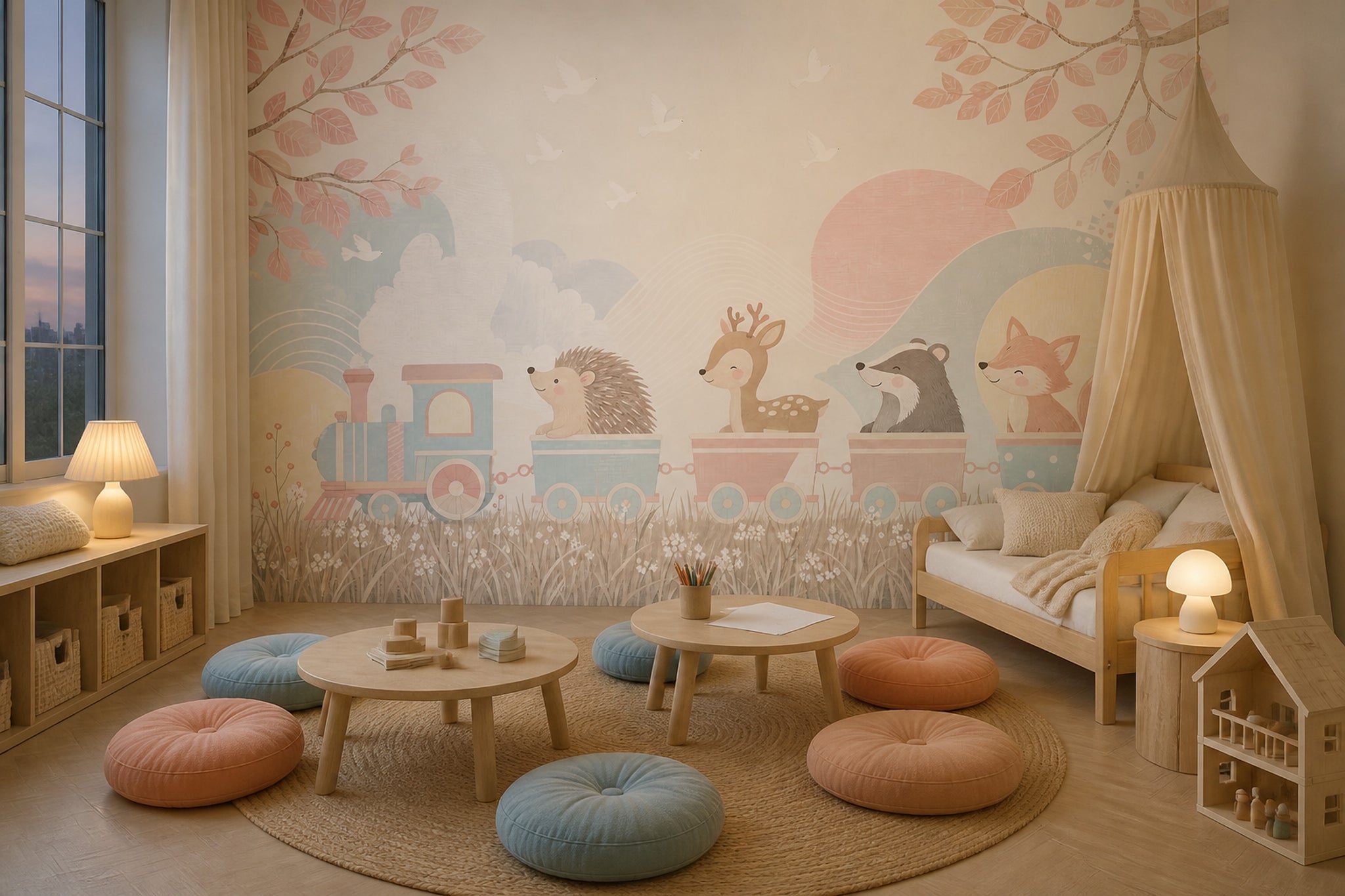 Woodland Animals Wallpaper Pastel Toy Train Wall Mural