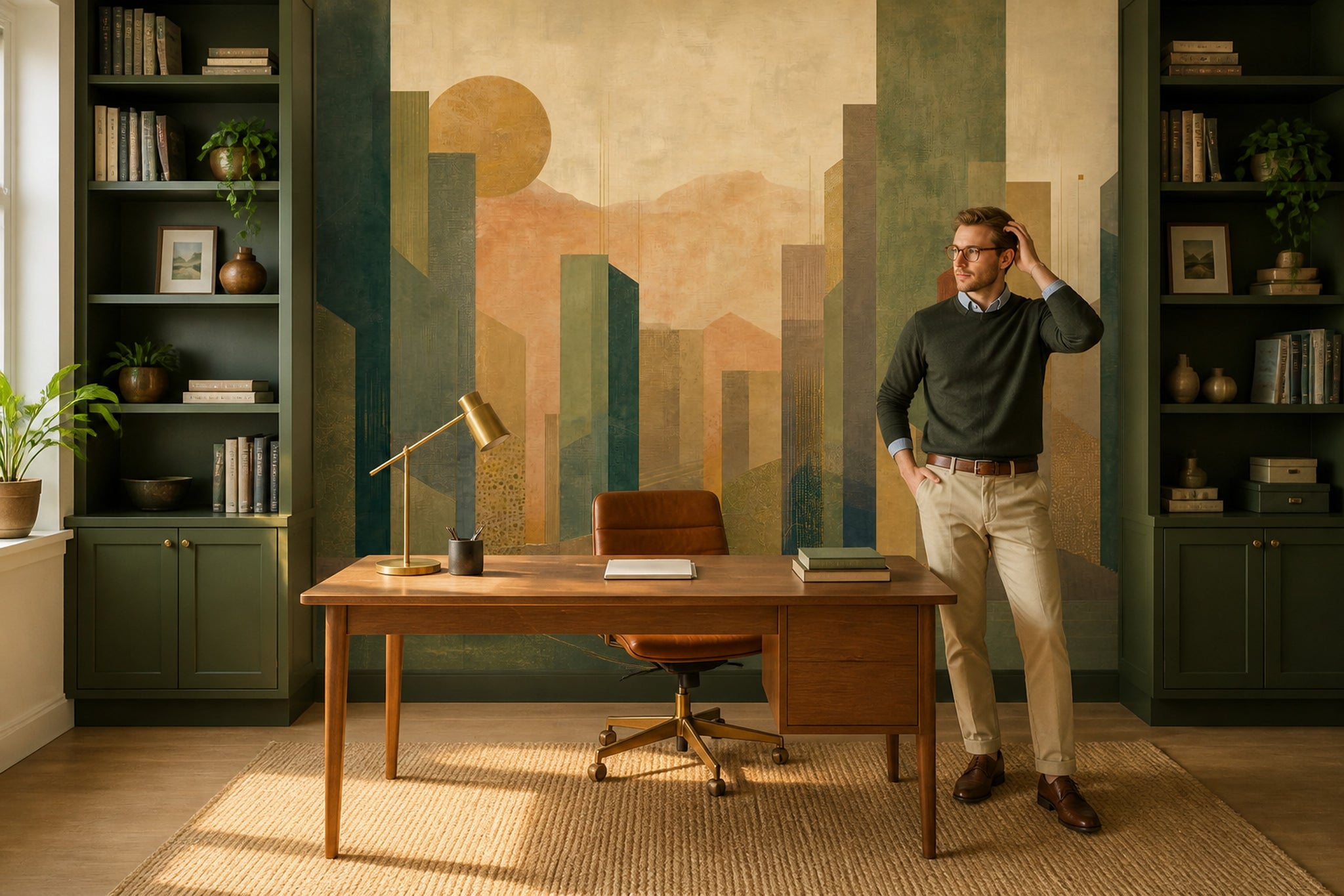 Muted Green Wallpaper Mid Century Modern Wall Mural