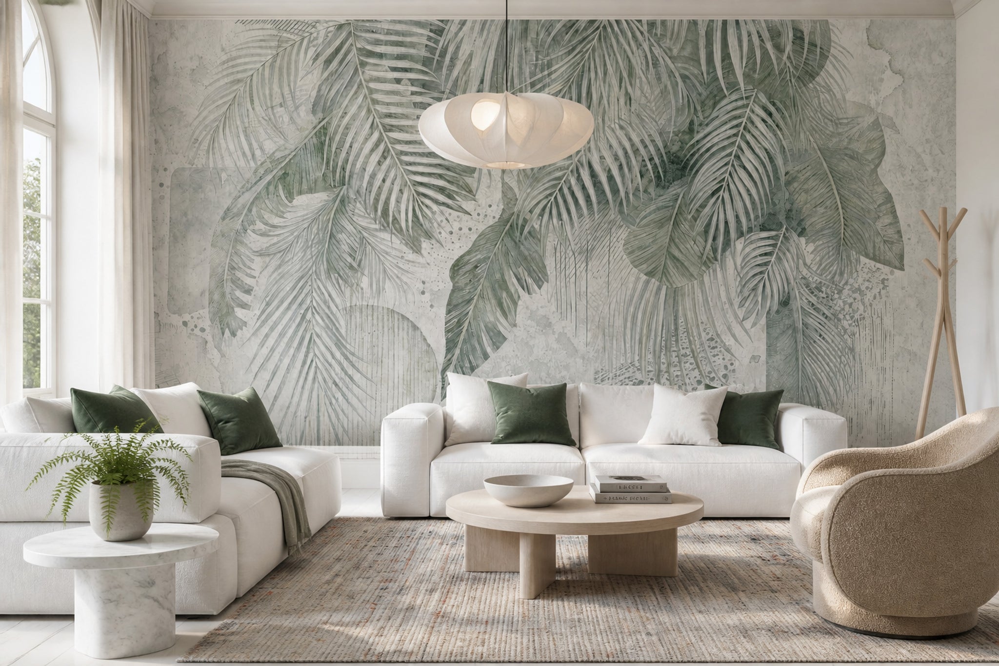 Tropical Leaves Wallpaper Palm Fronds Removable Sage Green Wall Decor