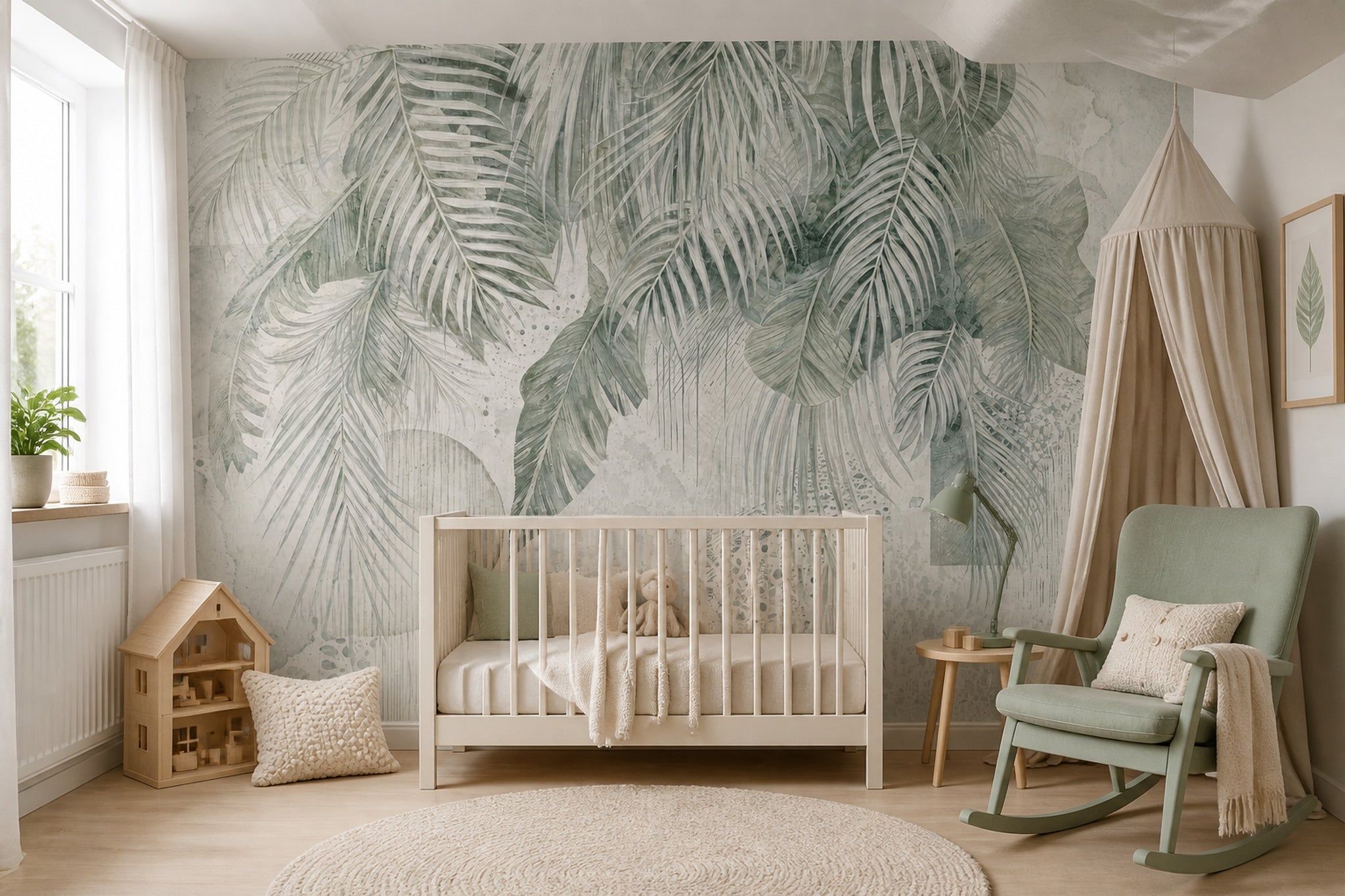Tropical Leaves Wallpaper Palm Fronds Removable Sage Green Wall Decor