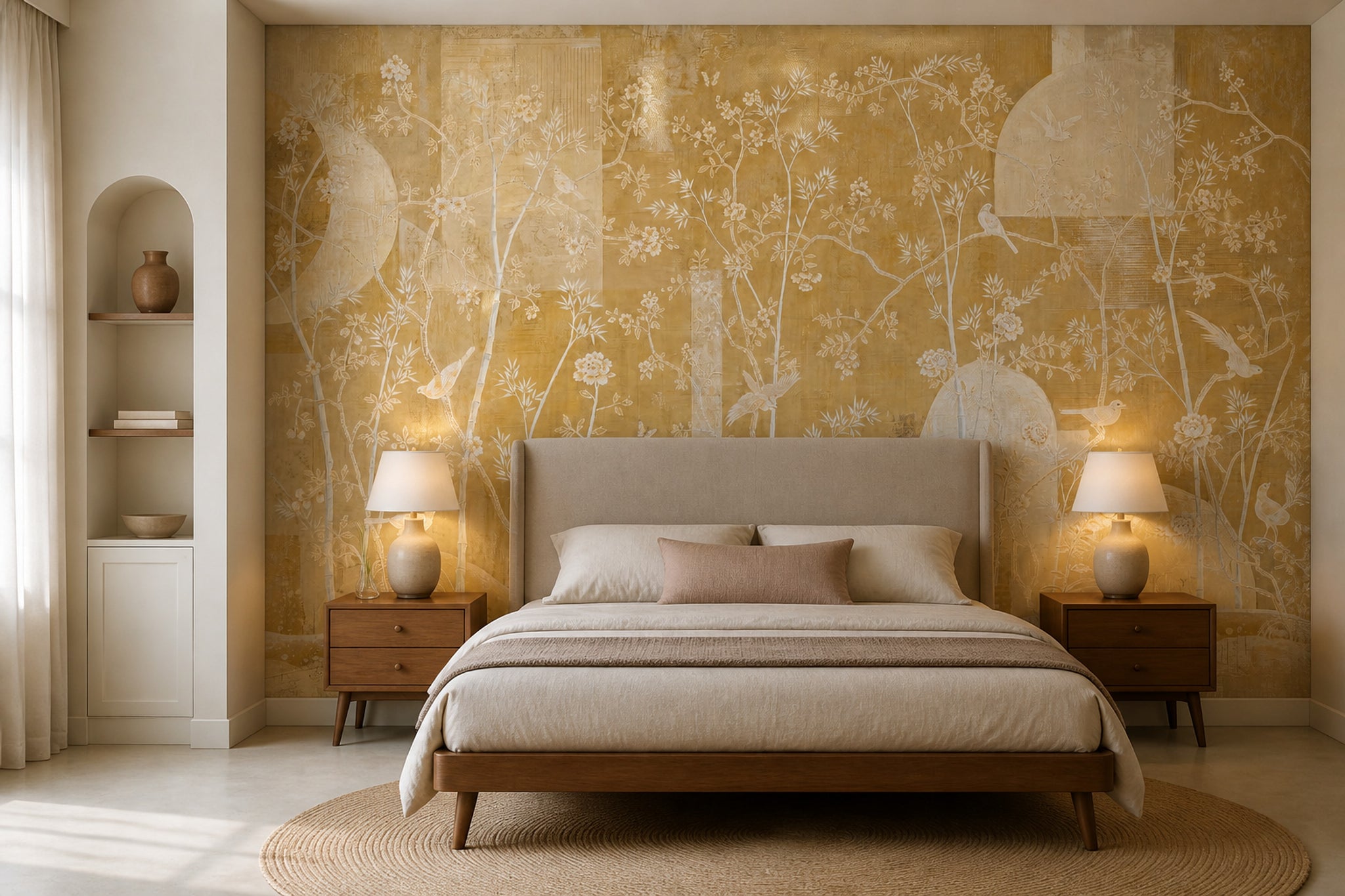 Gold Botanical Mural Wallpaper Blossoming Branches Asian Inspired Chinoiserie Wall Mural