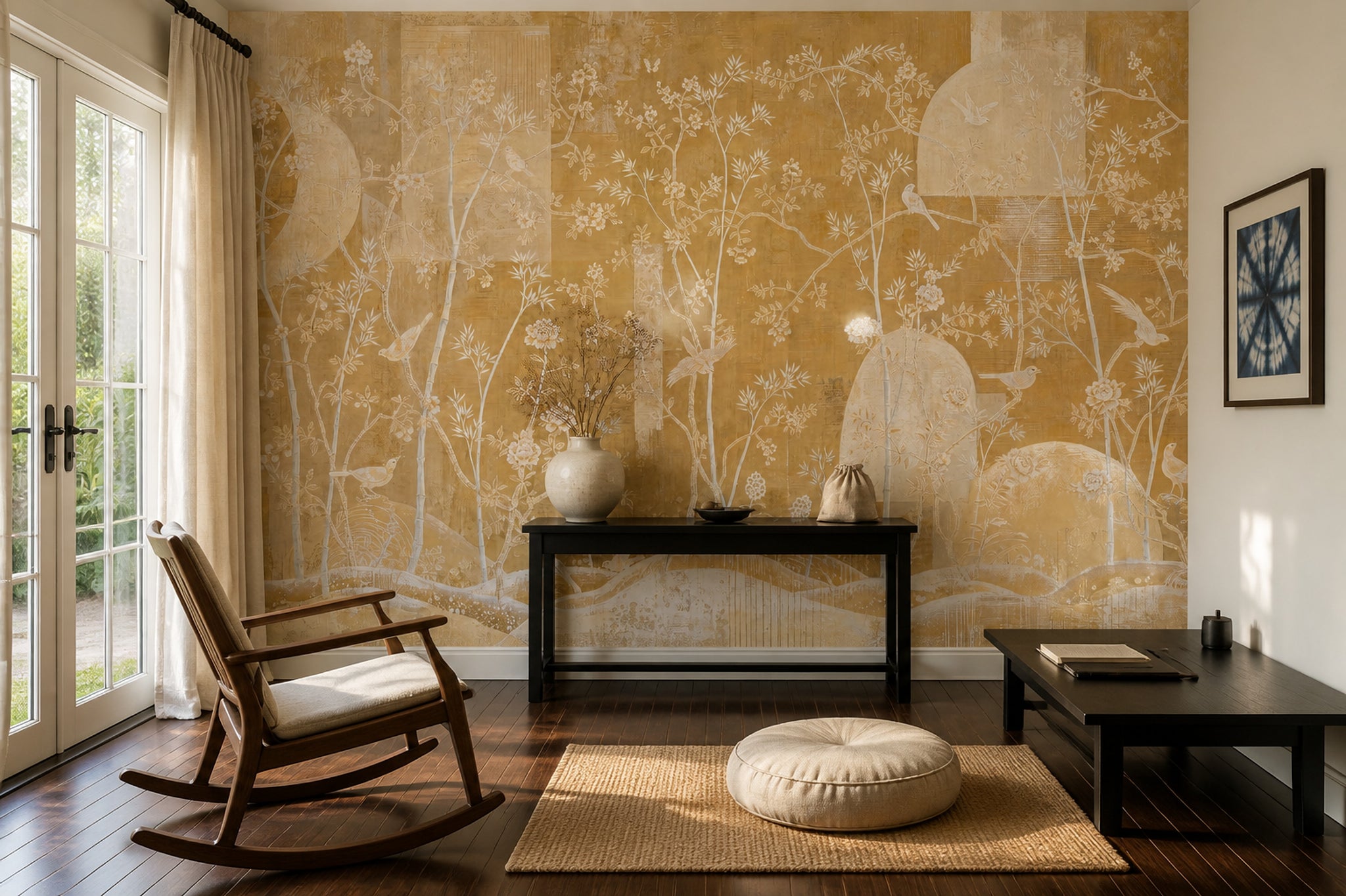 Gold Botanical Mural Wallpaper Blossoming Branches Asian Inspired Chinoiserie Wall Mural