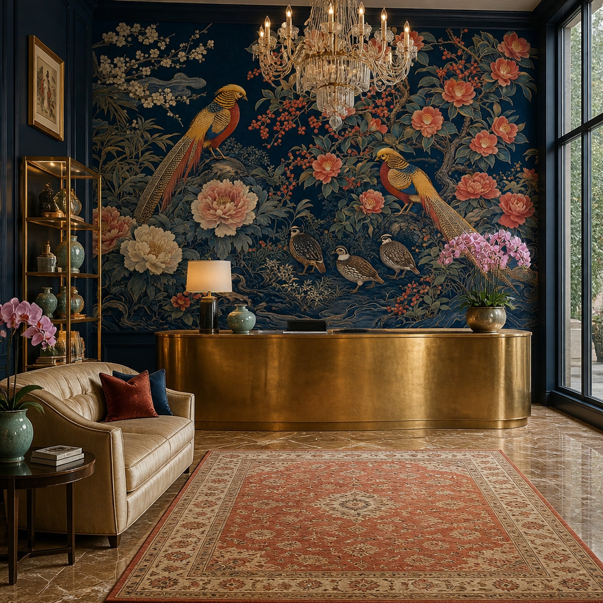 Dark Navy Background Wallpaper Oriental Floral Peonies Removable Wall Decor