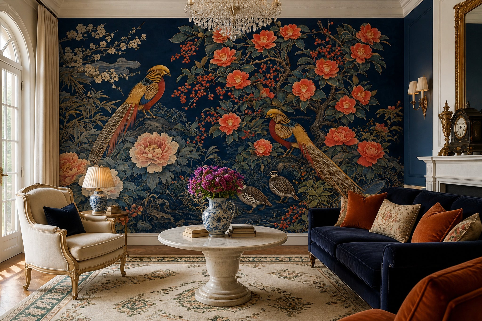 Dark Navy Background Wallpaper Oriental Floral Peonies Removable Wall Decor