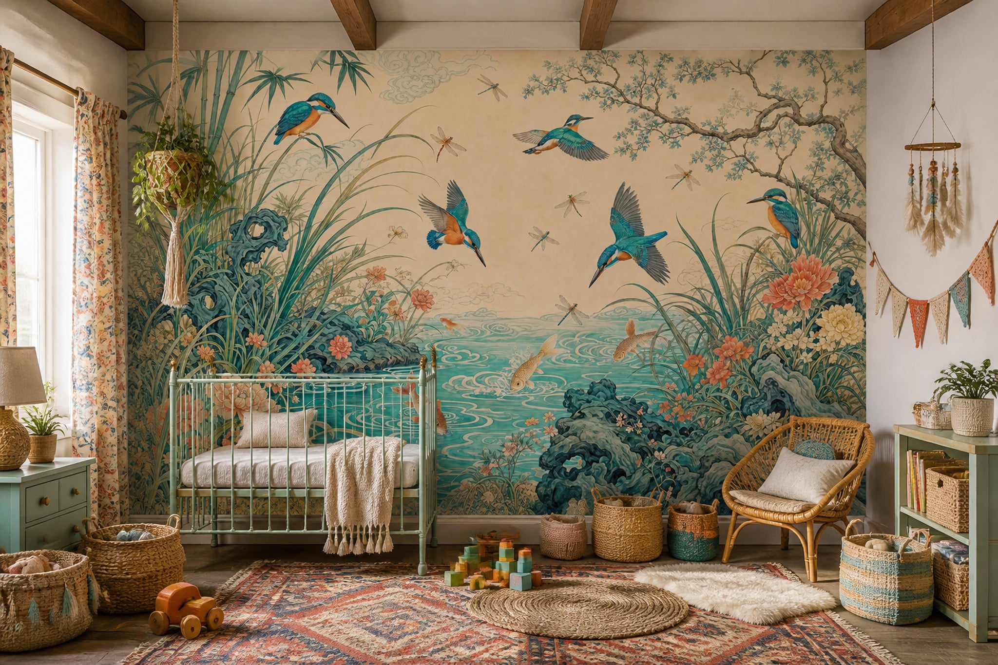 Chinoiserie Wallpaper Asian Inspired Removable Kingfisher Birds Wall Decor