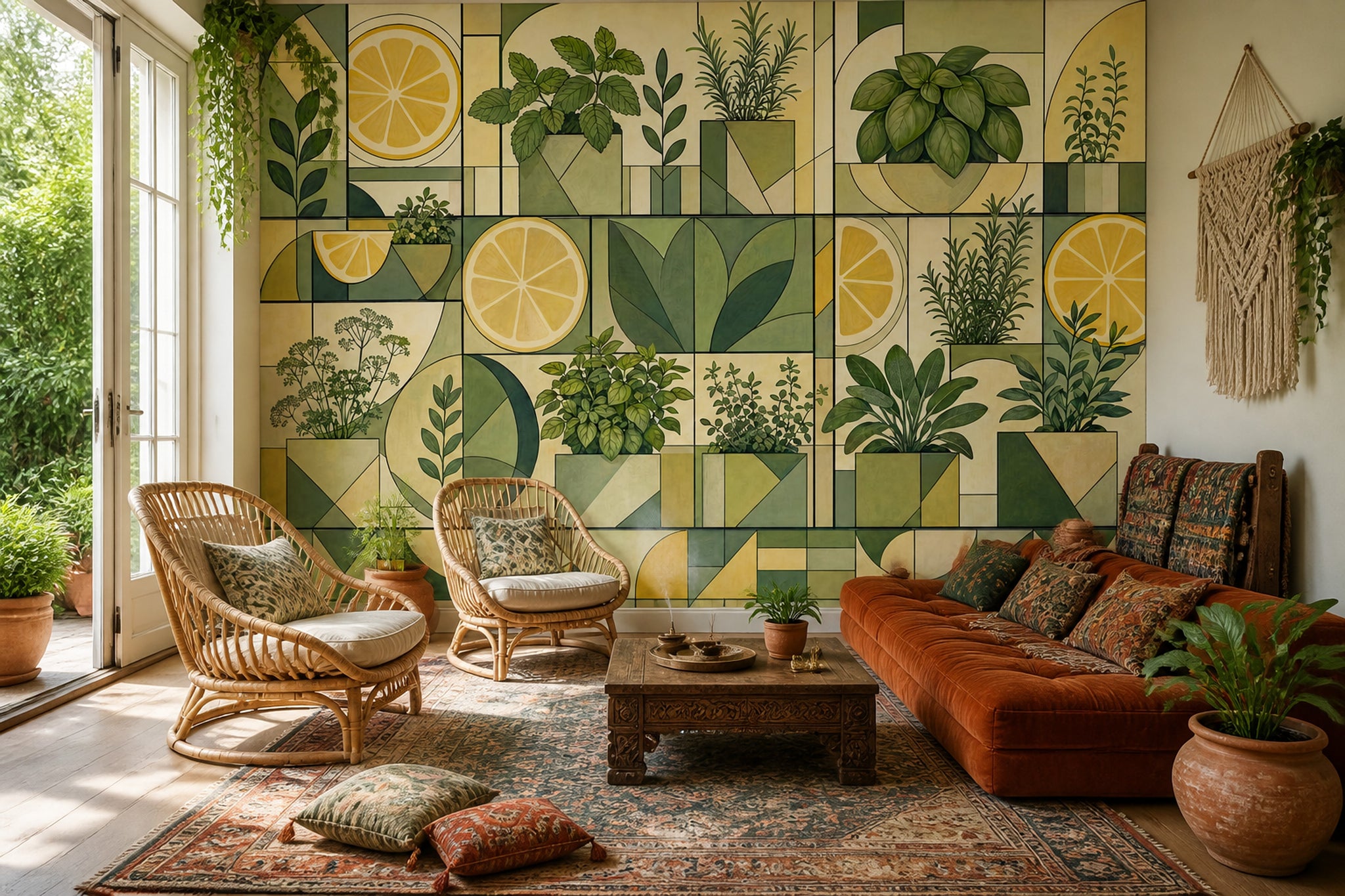 Geometric Botanical Wallpaper Herb Garden Removable Lemon Slices Wall Decor