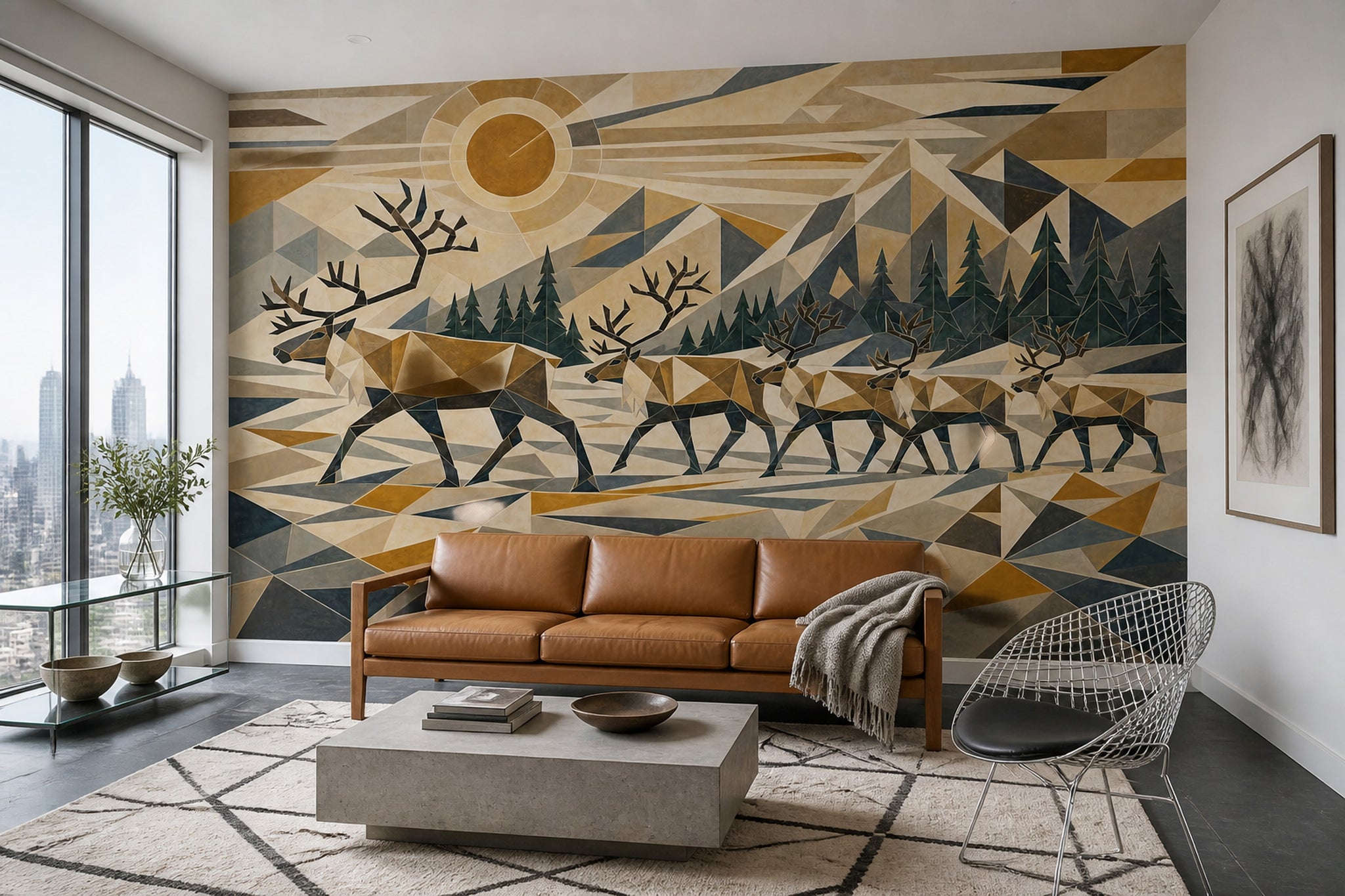 Geometric Landscape Wallpaper Low Poly Removable Deer Herd Wall Decor