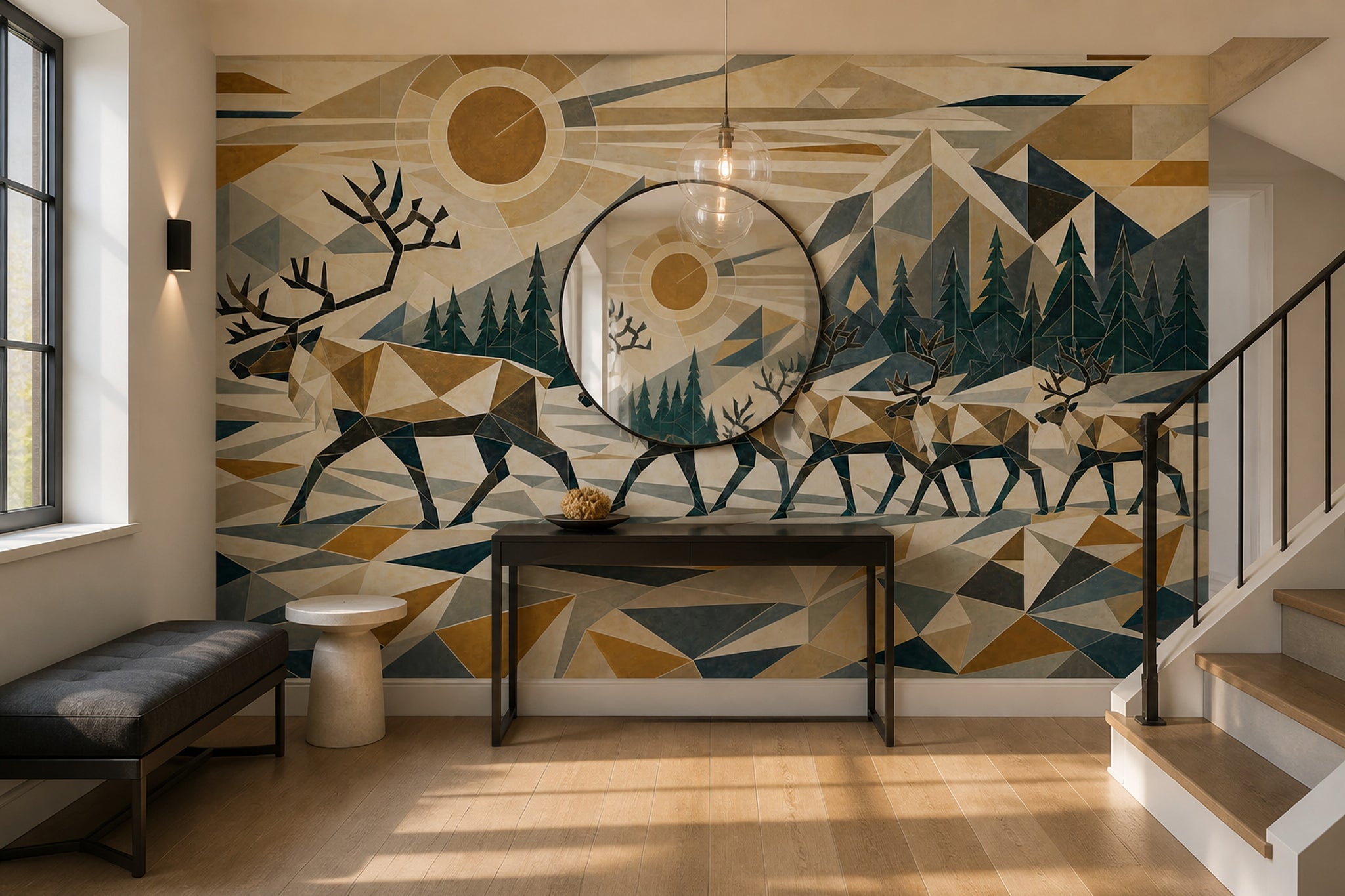 Geometric Landscape Wallpaper Low Poly Removable Deer Herd Wall Decor