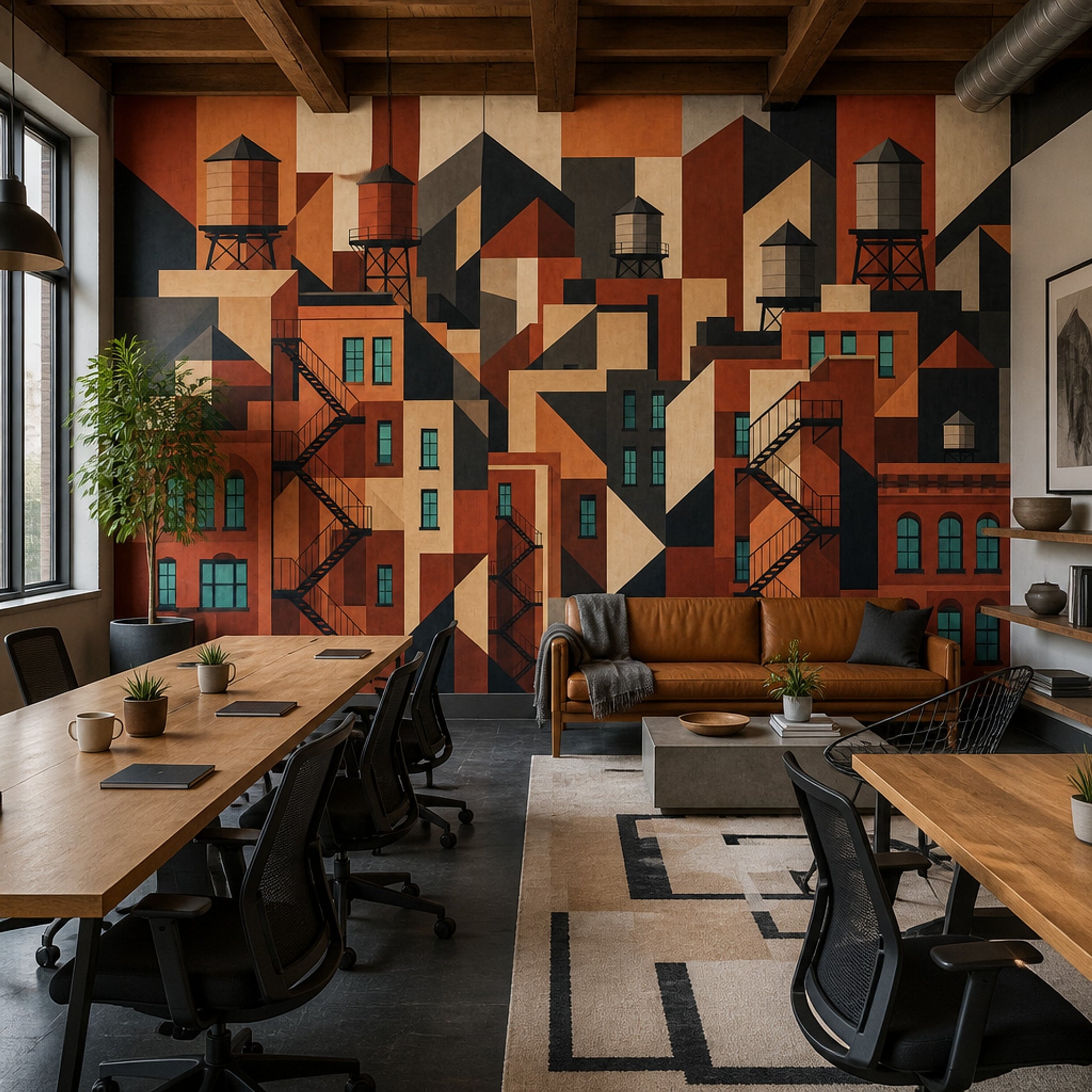 Geometric Cityscape Wallpaper Industrial Rooftops Art Deco Modern Removable Wall Decor