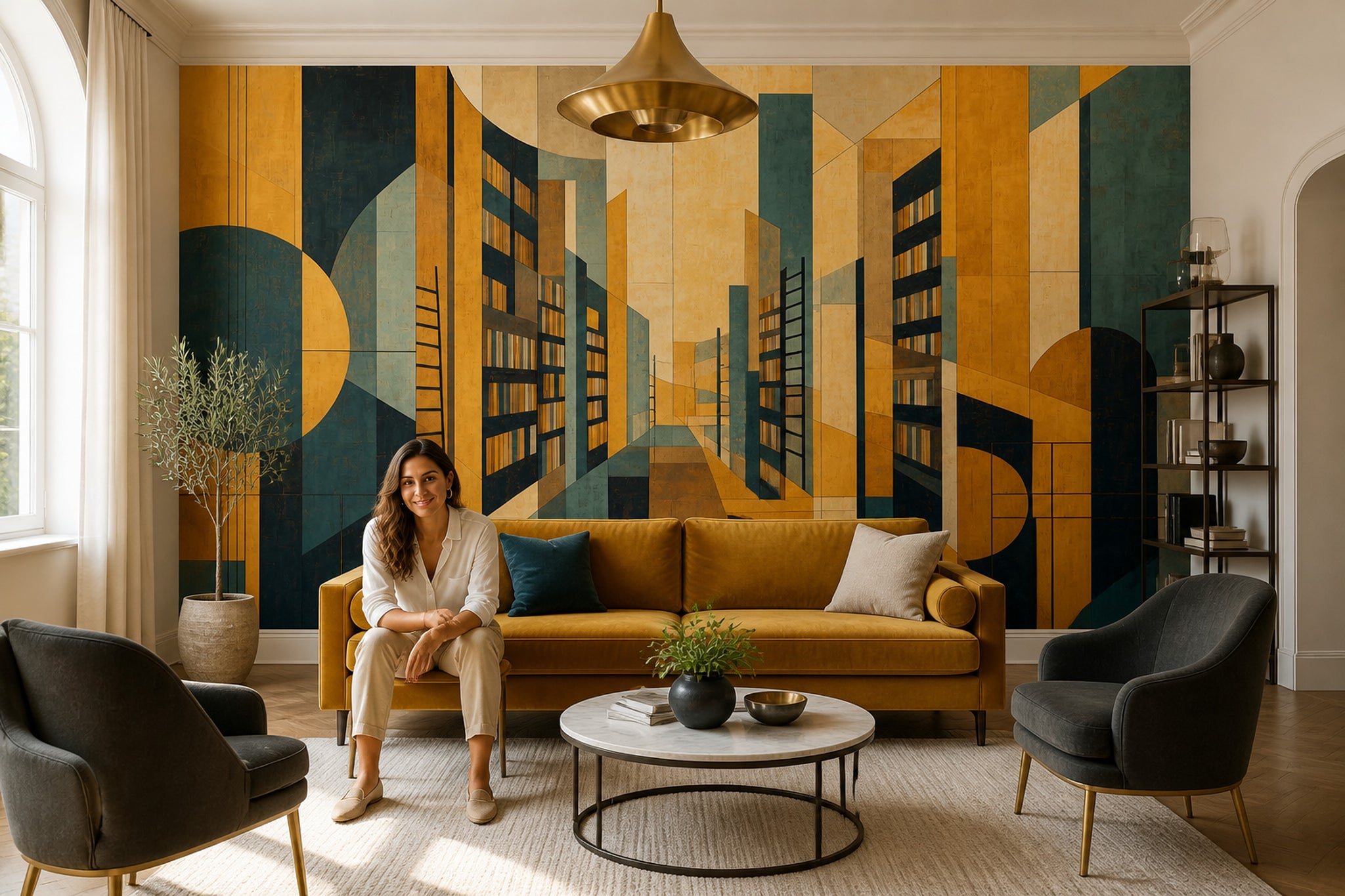 Geometric Cityscape Wallpaper Art Deco Removable Abstract Architecture Wall Decor