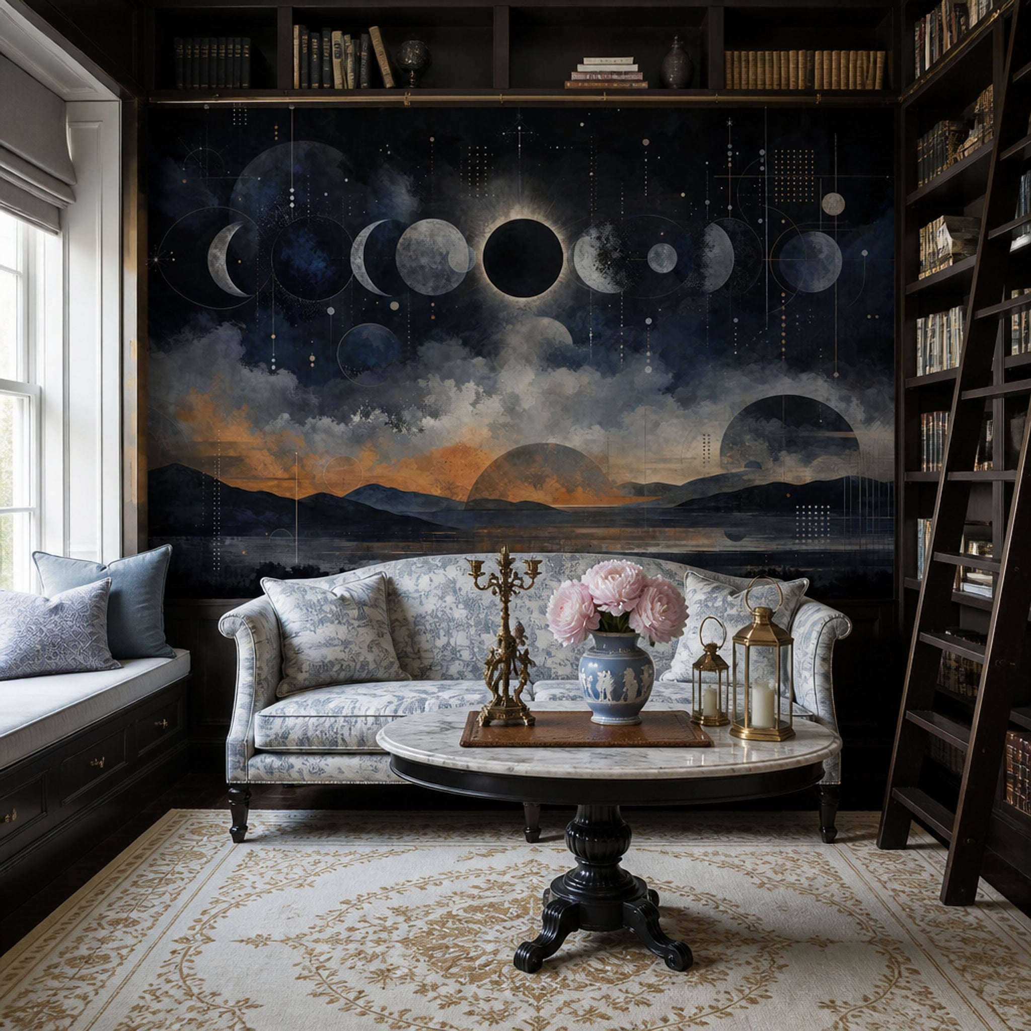 Moon Phases Wallpaper Solar Eclipse Dark Celestial Removable Wall Decor