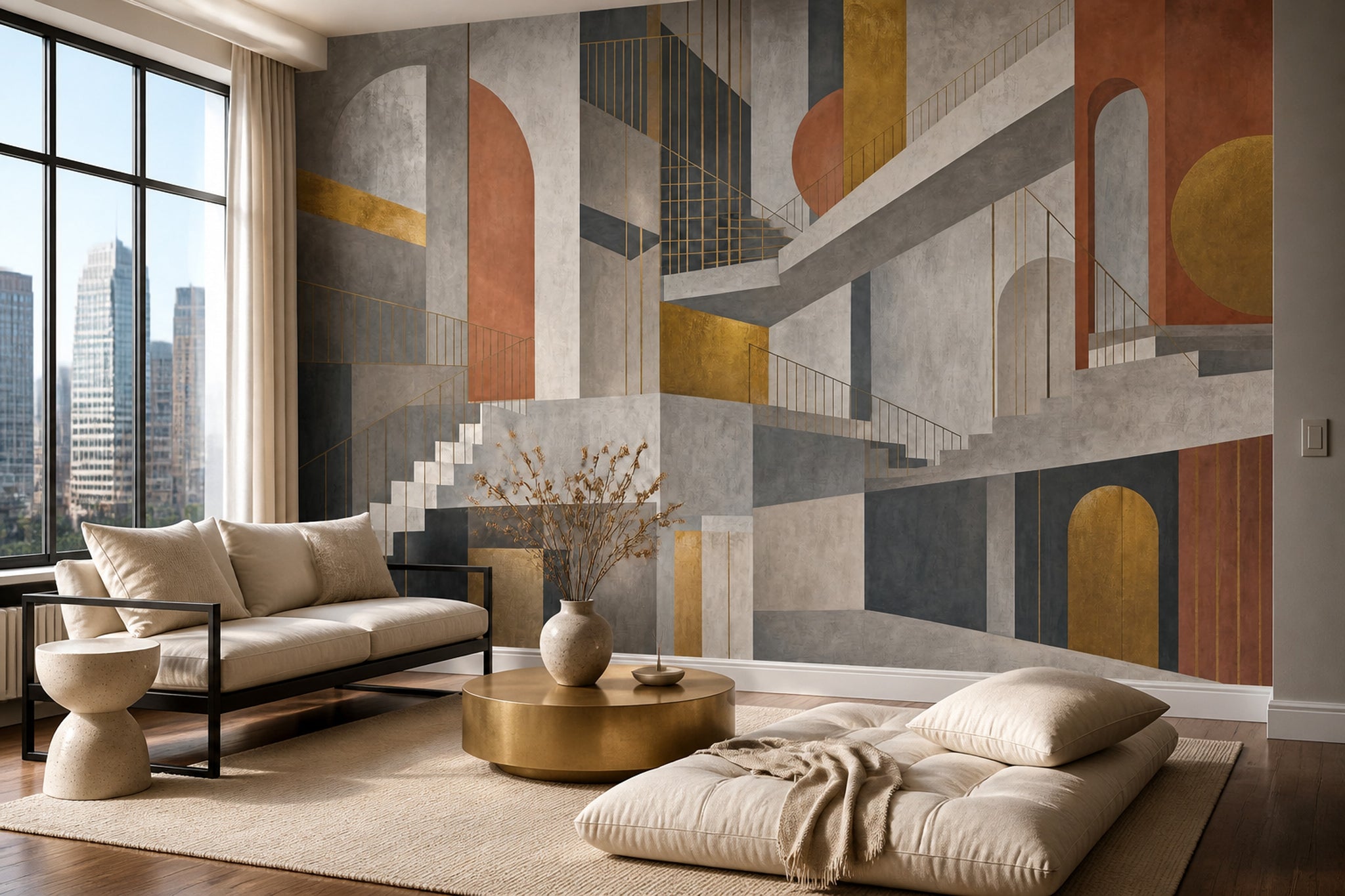 Architectural Stairs Wallpaper Abstract Geometric Removable Gold Linework Wall Decor