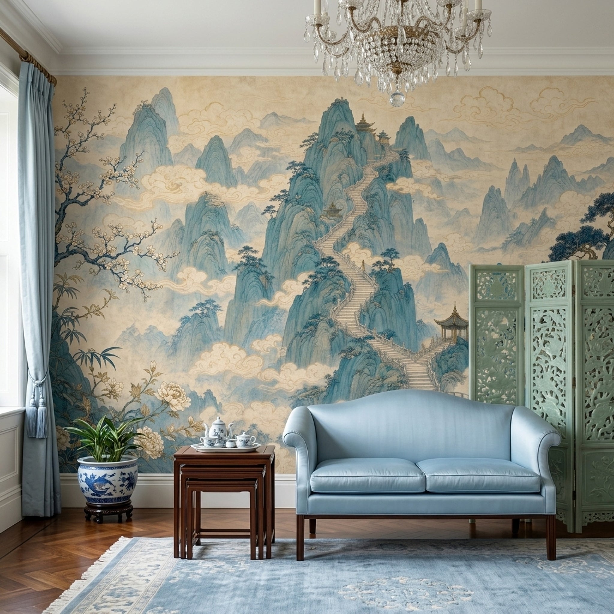Chinese Landscape Wallpaper Misty Mountains Pagoda Pavilion Wall Mural