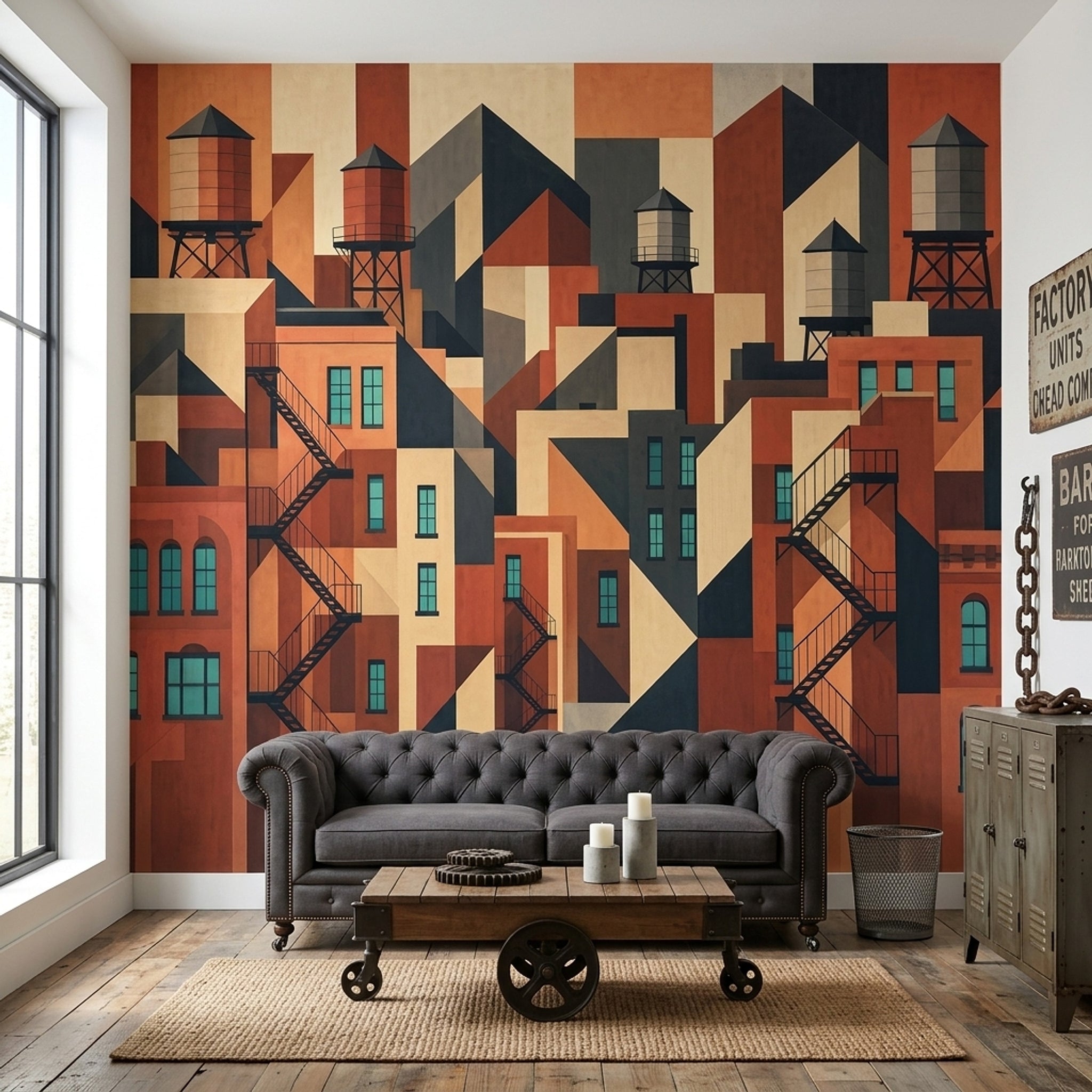 Geometric Cityscape Wallpaper Industrial Rooftops Art Deco Modern Removable Wall Decor