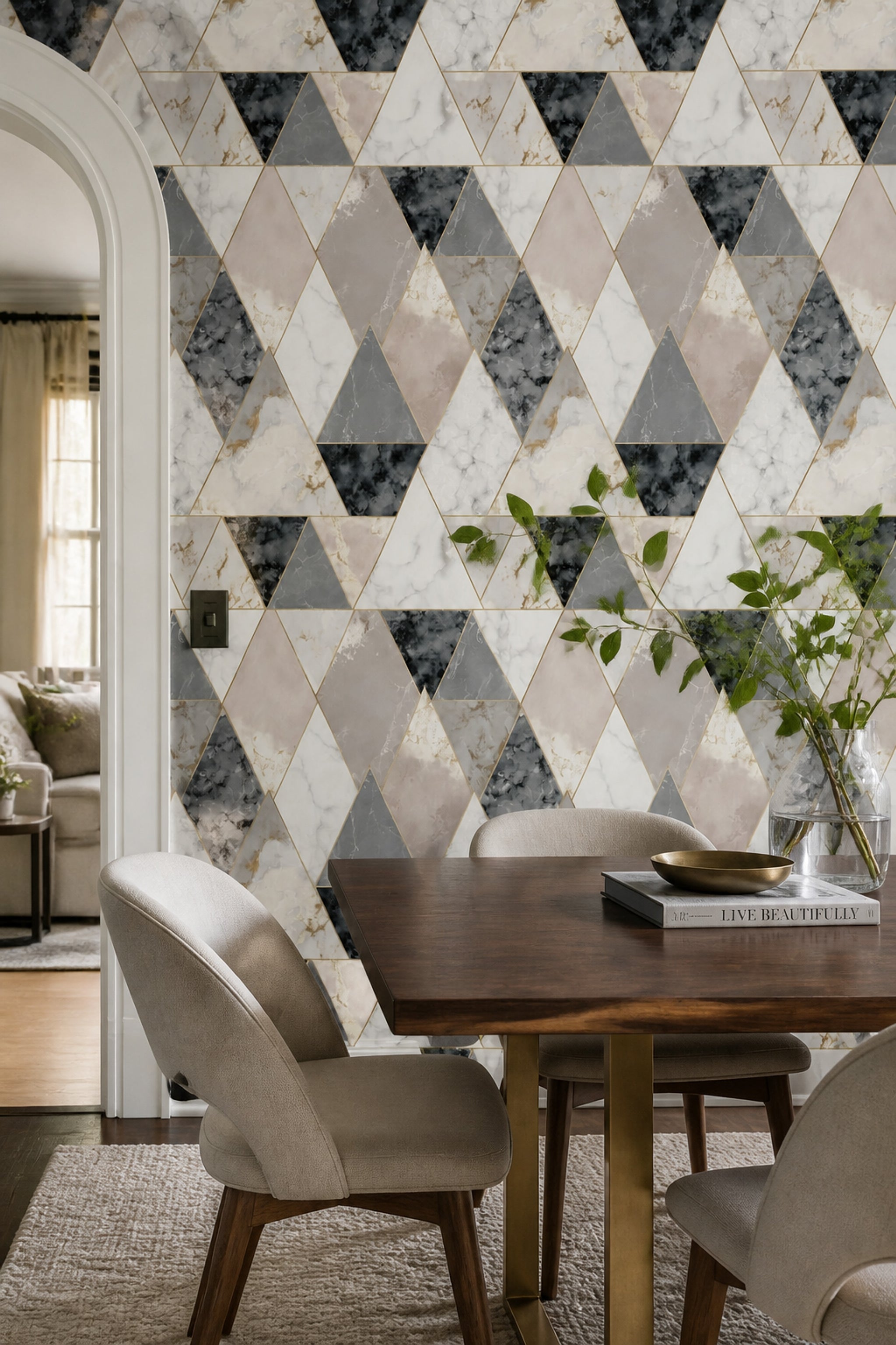 Faceted Triangles Wallpaper Marble Gold Lines Removable Wall Decor