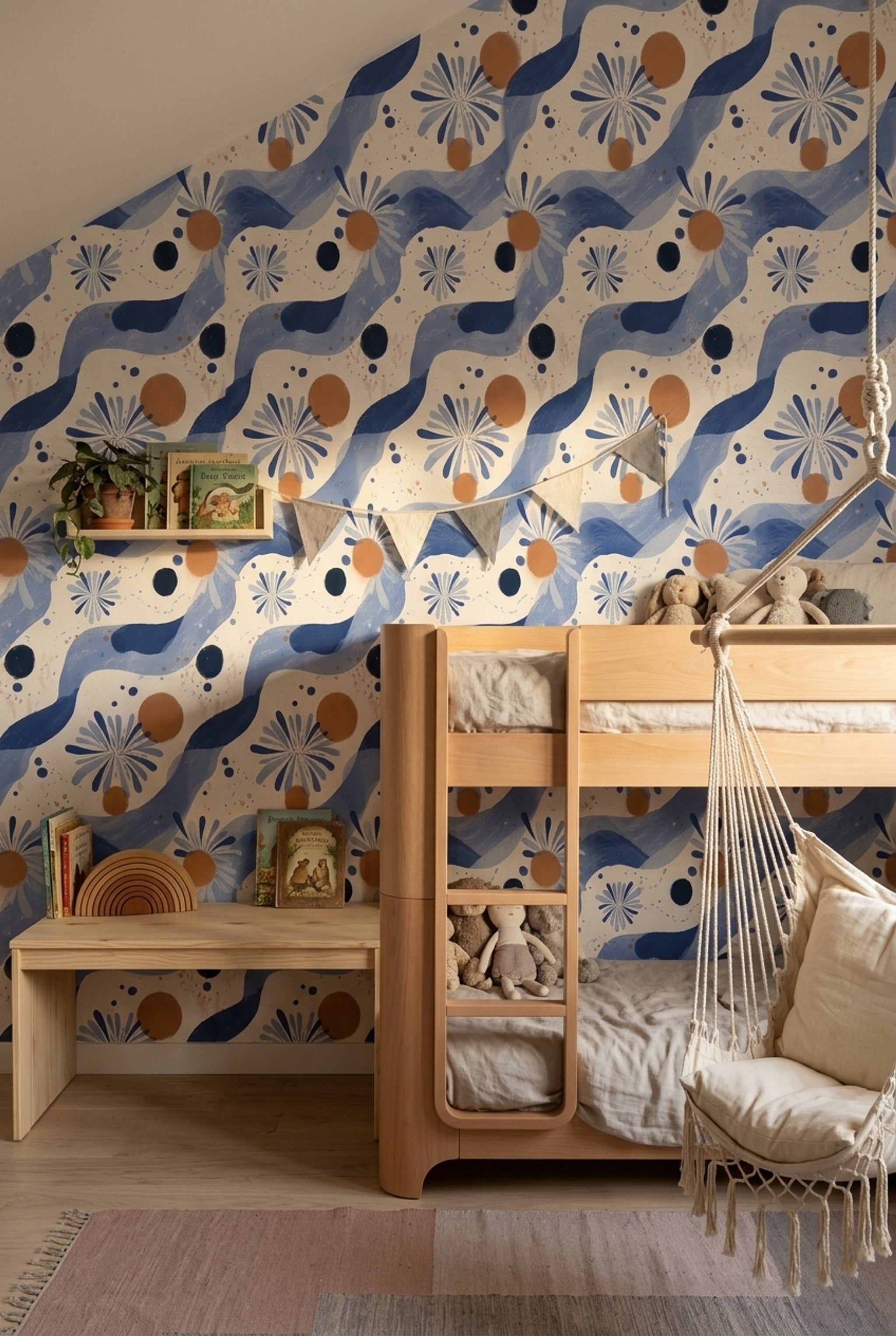 Abstract Floral Wallpaper Blue Daisy Hand Painted Decorative Mural