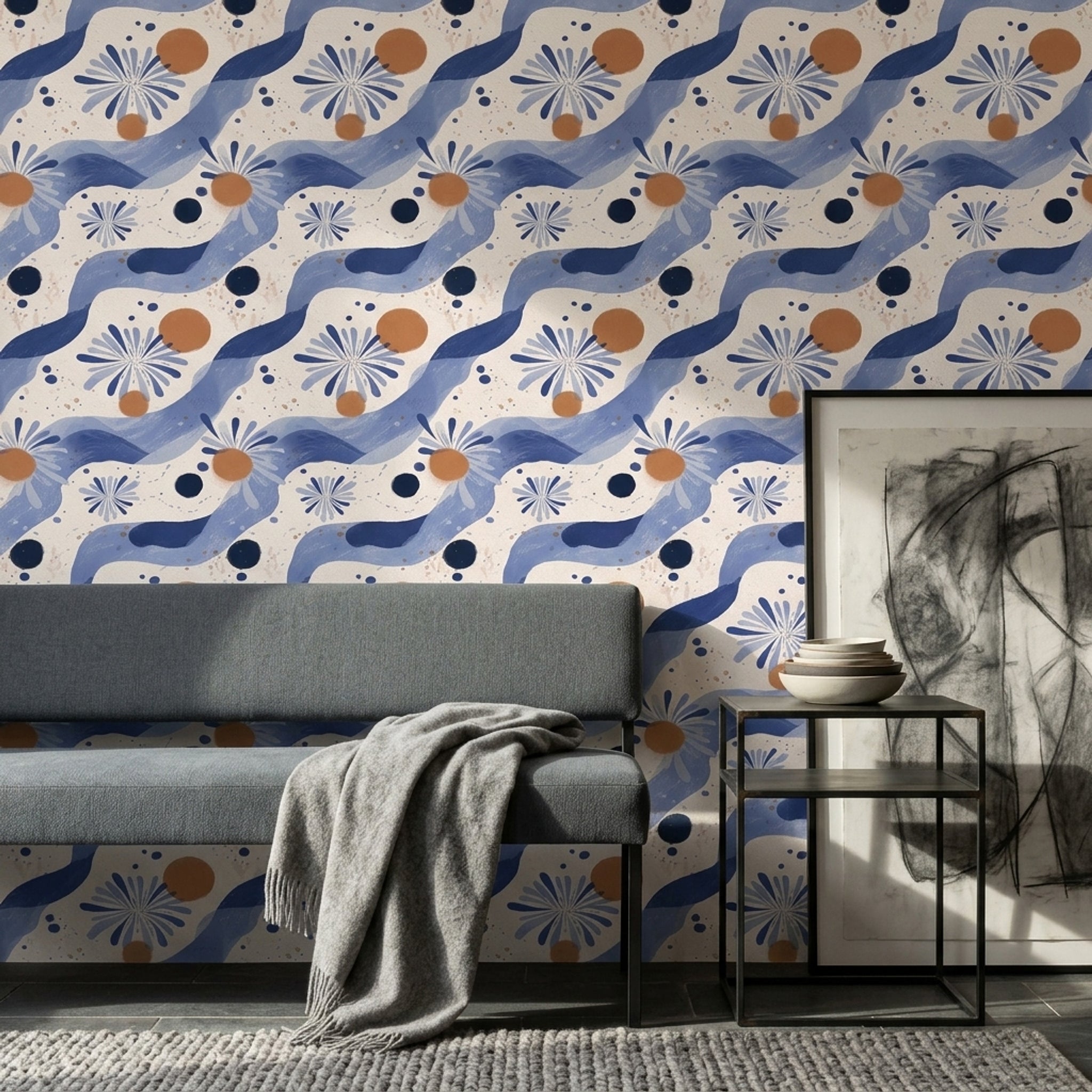 Abstract Floral Wallpaper Blue Daisy Hand Painted Decorative Mural